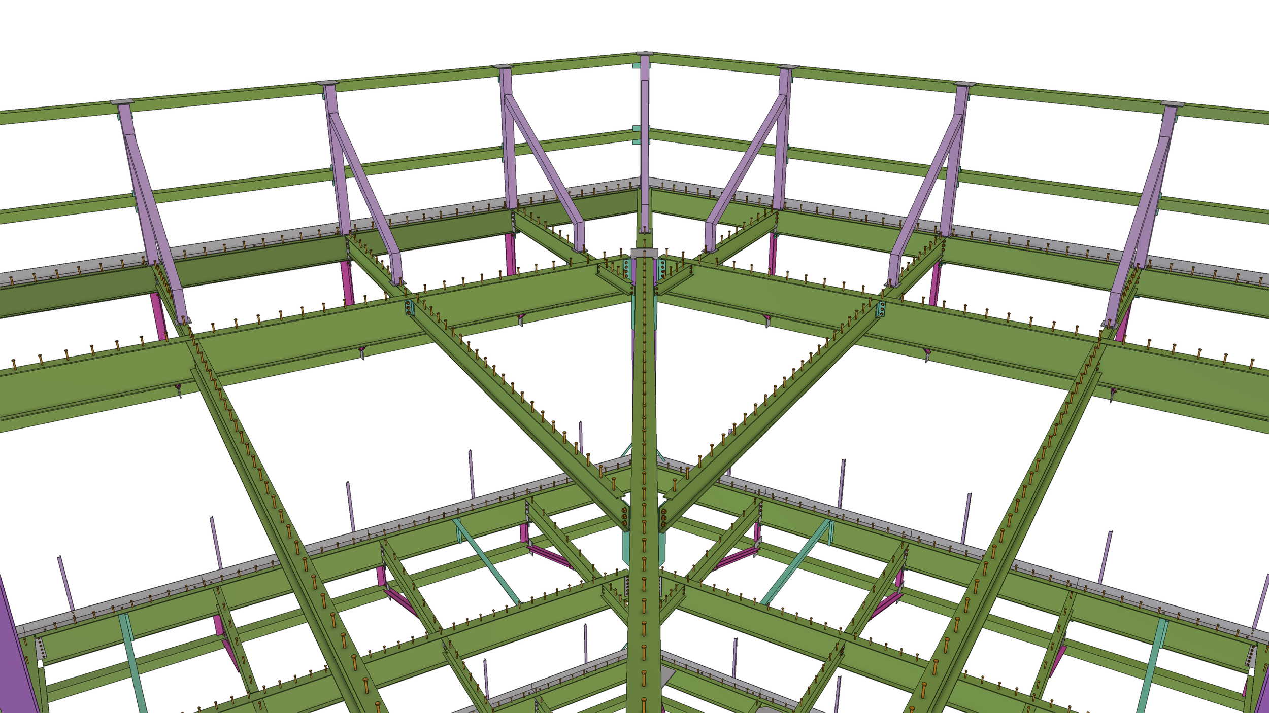3D model of a multi-story building framework showing steel beams, columns, and reinforcements in various colors.