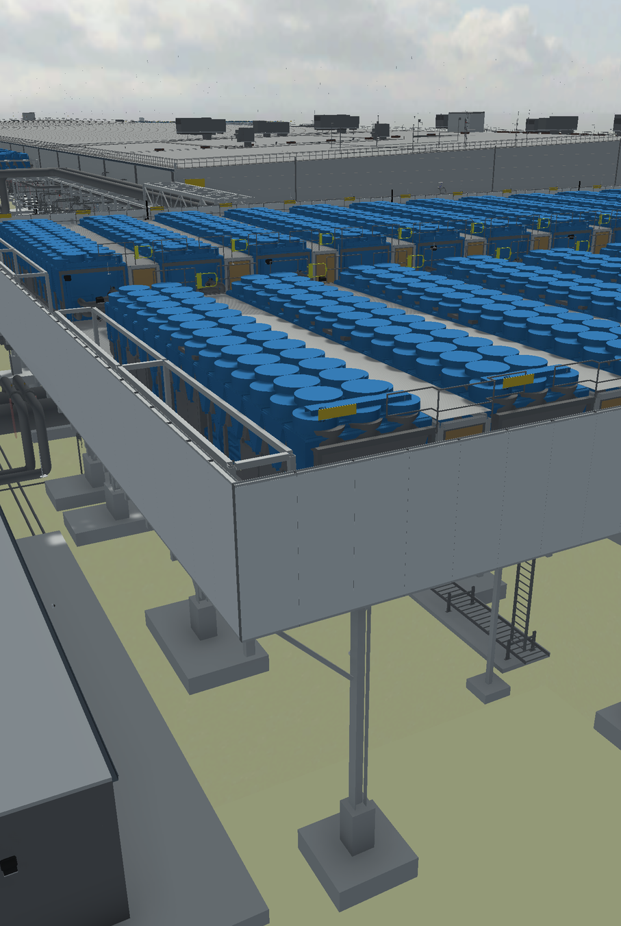 A digital rendering of an industrial facility with a large elevated platform containing multiple blue tanks arranged in rows, surrounded by structural metal railings, with pipes and equipment underneath and a cloudy sky in the background.