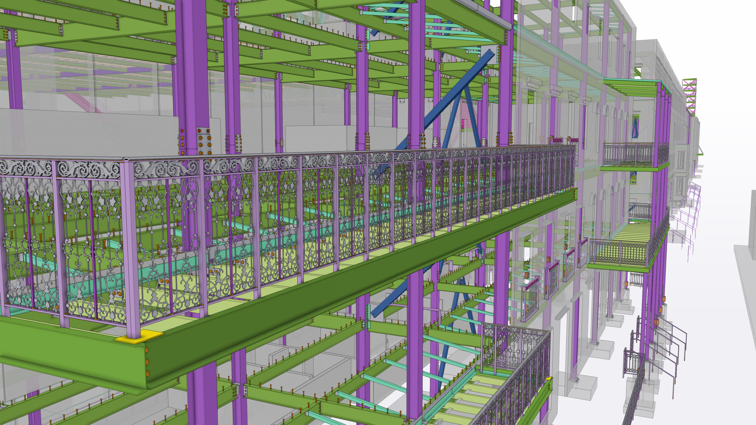 A detailed 3D model of a building's steel framework, featuring purple vertical beams, green horizontal beams, decorative metal railings, and various structural supports.
