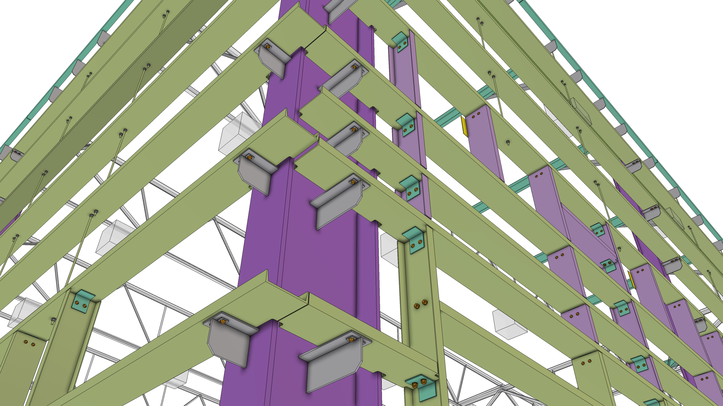 A detailed digital architectural model of a building's structural framework, showing green horizontal beams, purple vertical supports, and various smaller components in teal, gray, and yellow.