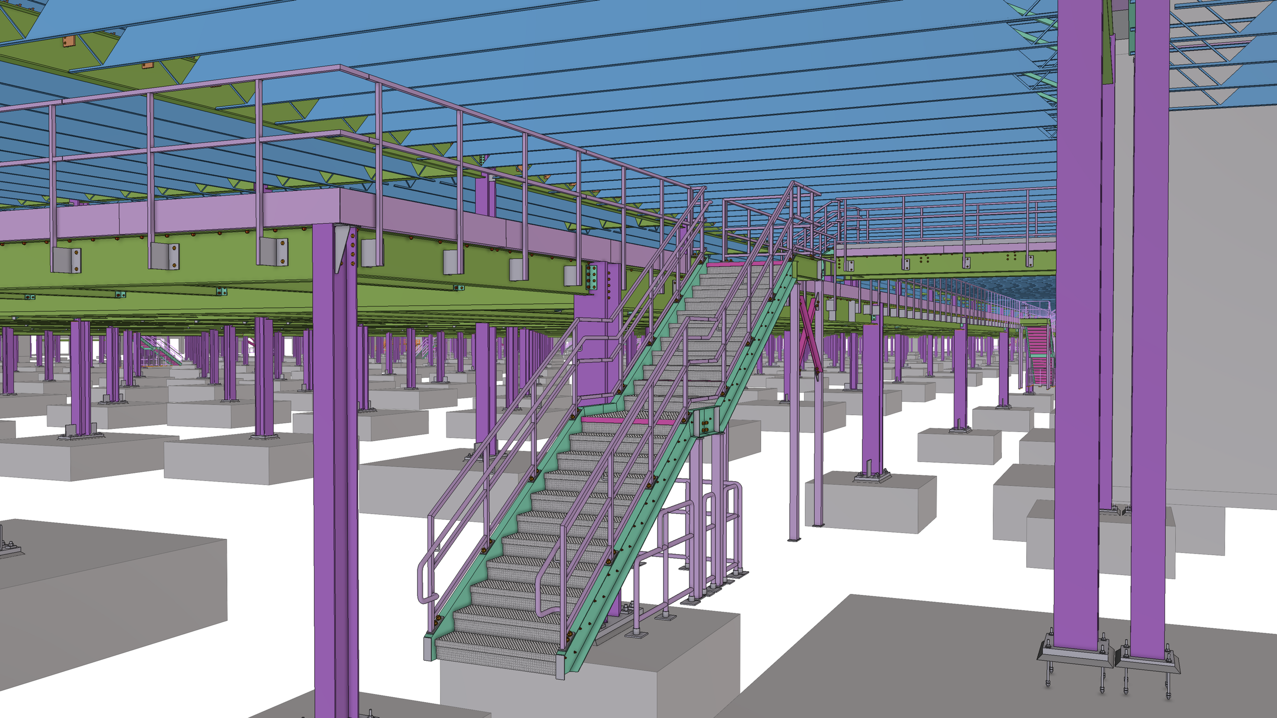 A digital rendering of a construction site showing scaffolding and support beams, with stairs and platforms in an early stage of building.