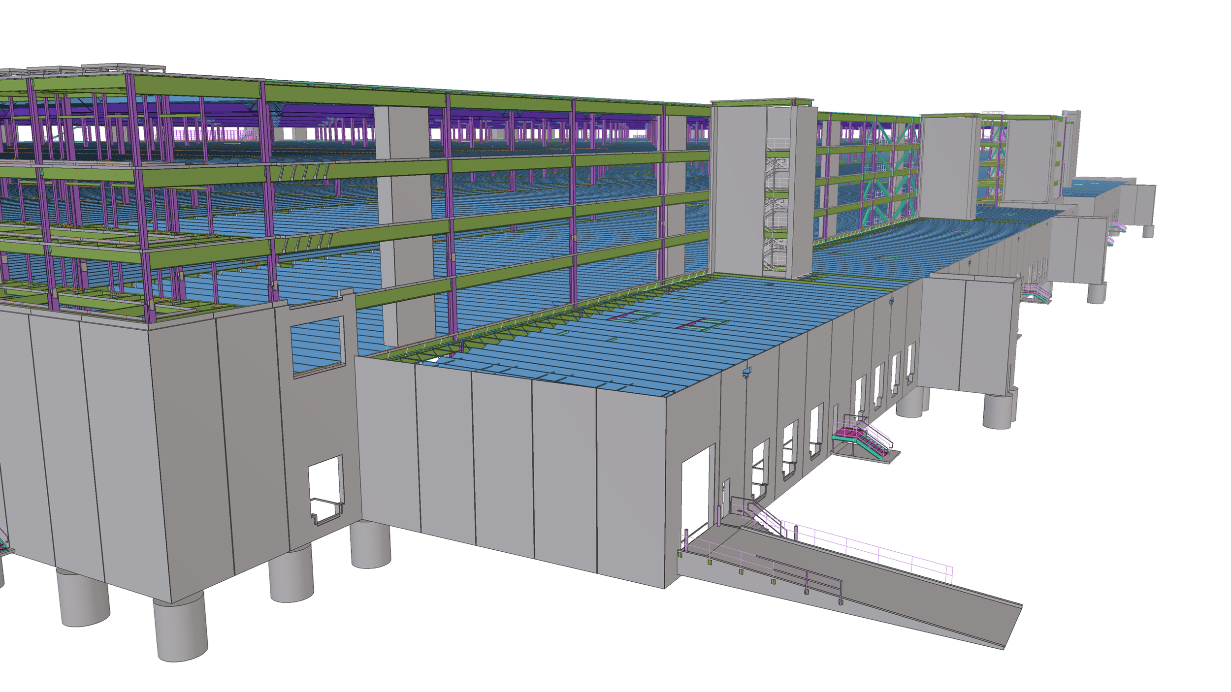 3D model of a multi-story building under construction with structural steel framework in purple and green, and concrete walls, viewed from an angle.