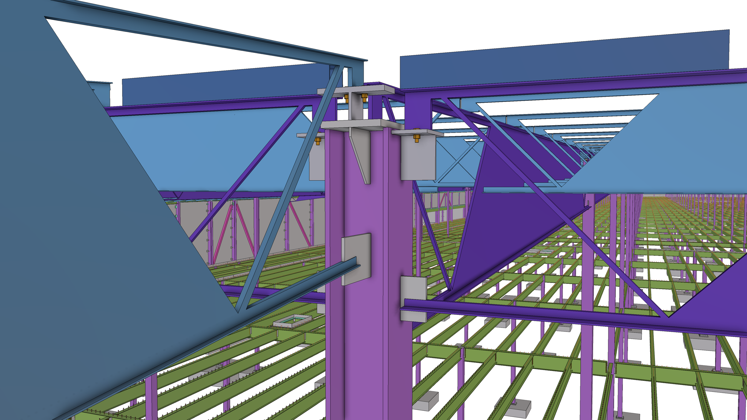 A 3D digital model of a building's structural framework, showing purple steel beams, gray support columns, and green floor grids with scaffolding underneath.
