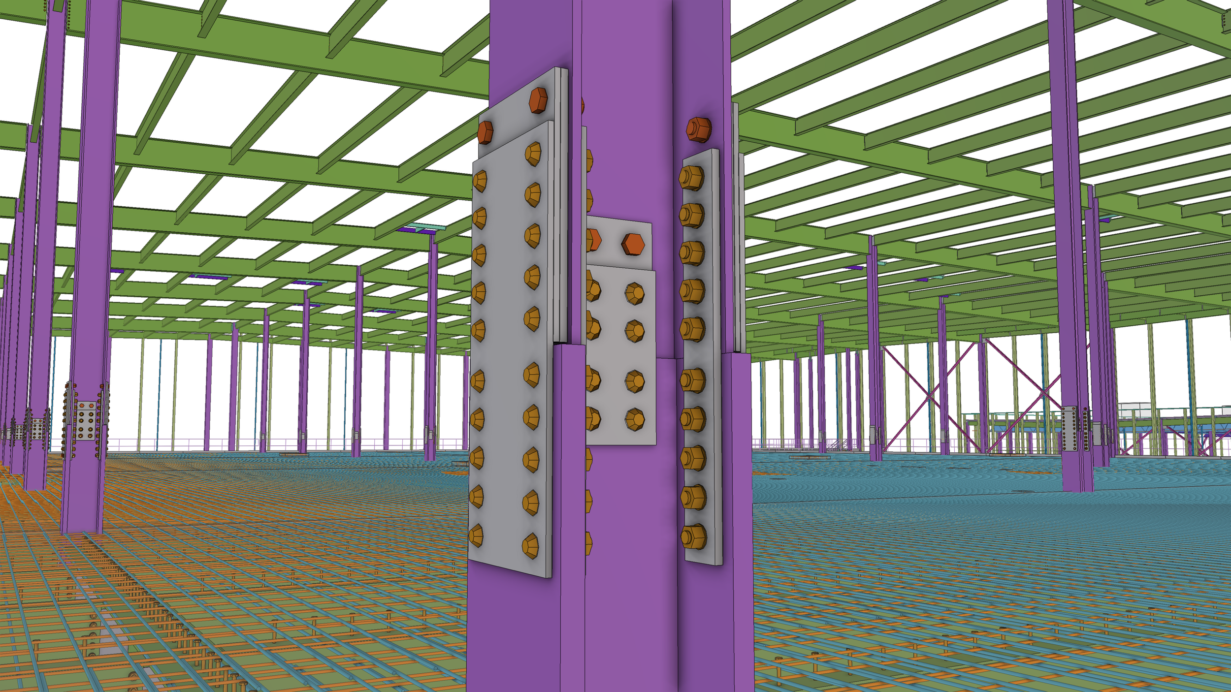 3D model of a building's steel framework featuring purple vertical beams, green roof supports, orange floor grid, and structural metal plates with bolts.
