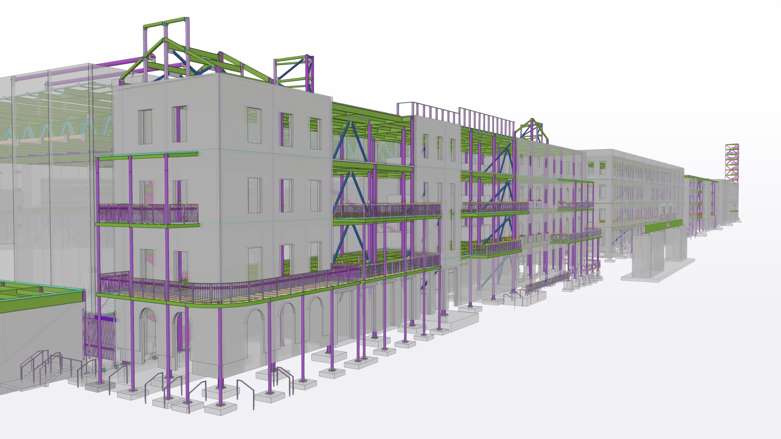3D digital rendering of a multi-story building under construction, showing structural framework with purple, green, and blue beams, and some exterior wall outlines.