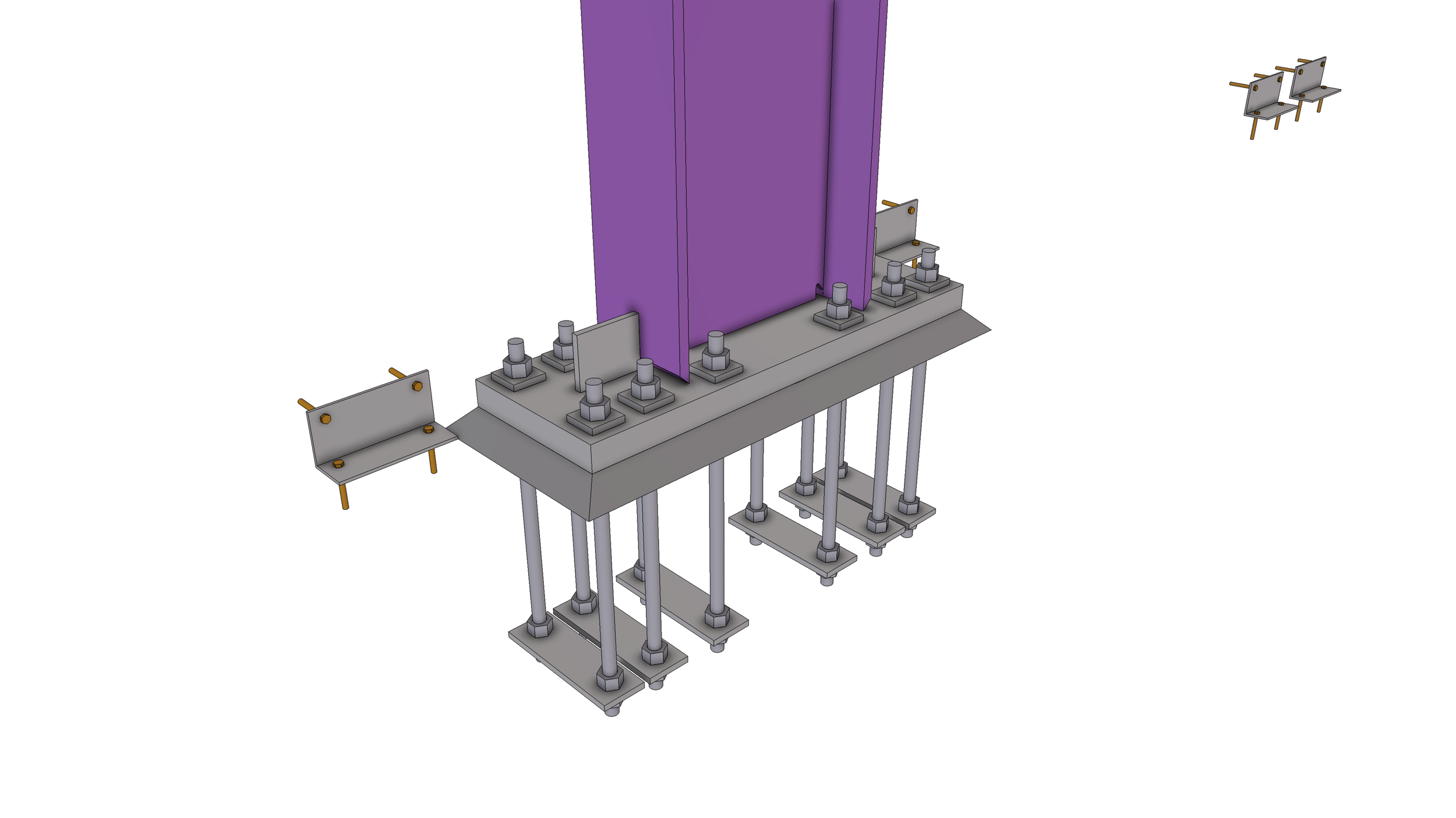 3D rendering of a mechanical assembly with a purple vertical component fixed to a gray platform, supported by multiple vertical rods and bolts, with small brackets and fittings on the sides.