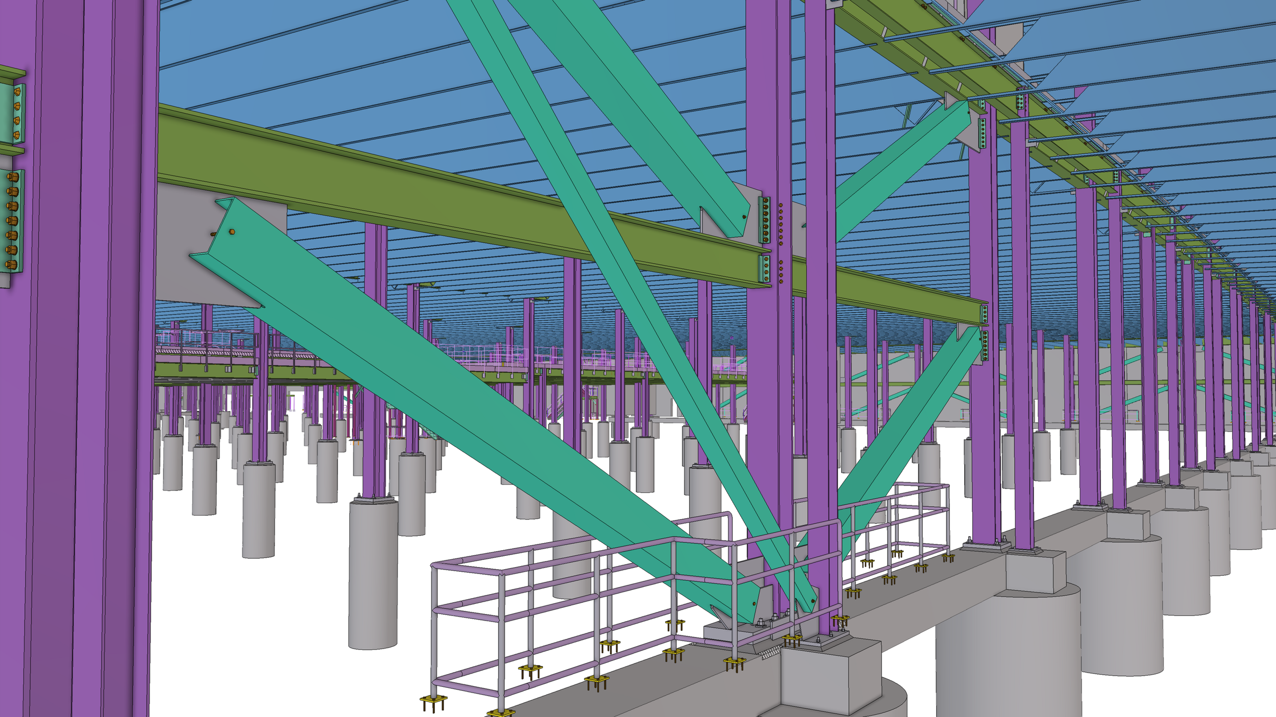 Structural engineering model of a building foundation with purple vertical supports, green and blue beams, and safety railing.