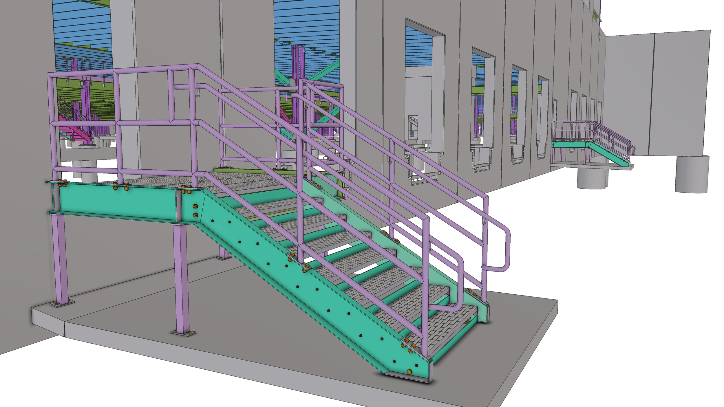3D rendering of an industrial staircase structure with purple railings, a green stairway, and multiple vertical concrete walls with windows.