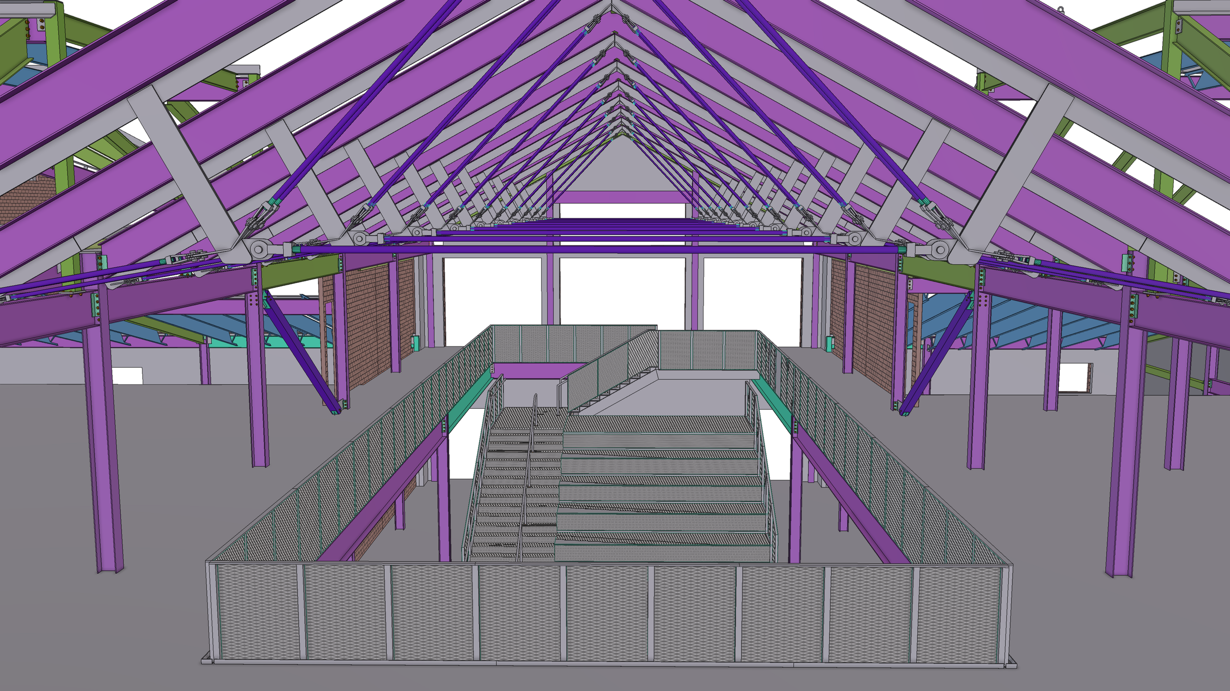 Digital illustration of an indoor construction site with steel framing, stairs, and safety railings in purple, green, and gray colors.