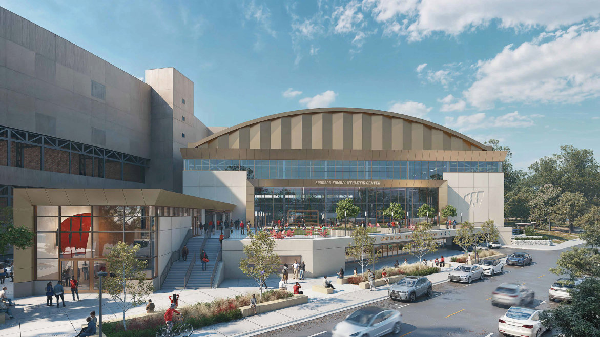 Rendering of the exterior of a modern athletic center labeled 'Sponsor Family Athletic Center' with glass windows, steps, trees, and parking in front.