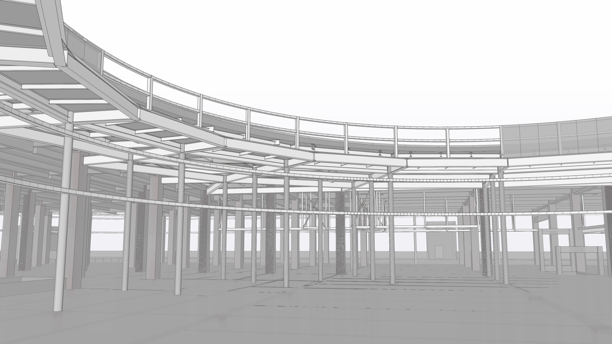 Digital rendering of a building under construction, focusing on structural framework with multiple columns and a curved roof.