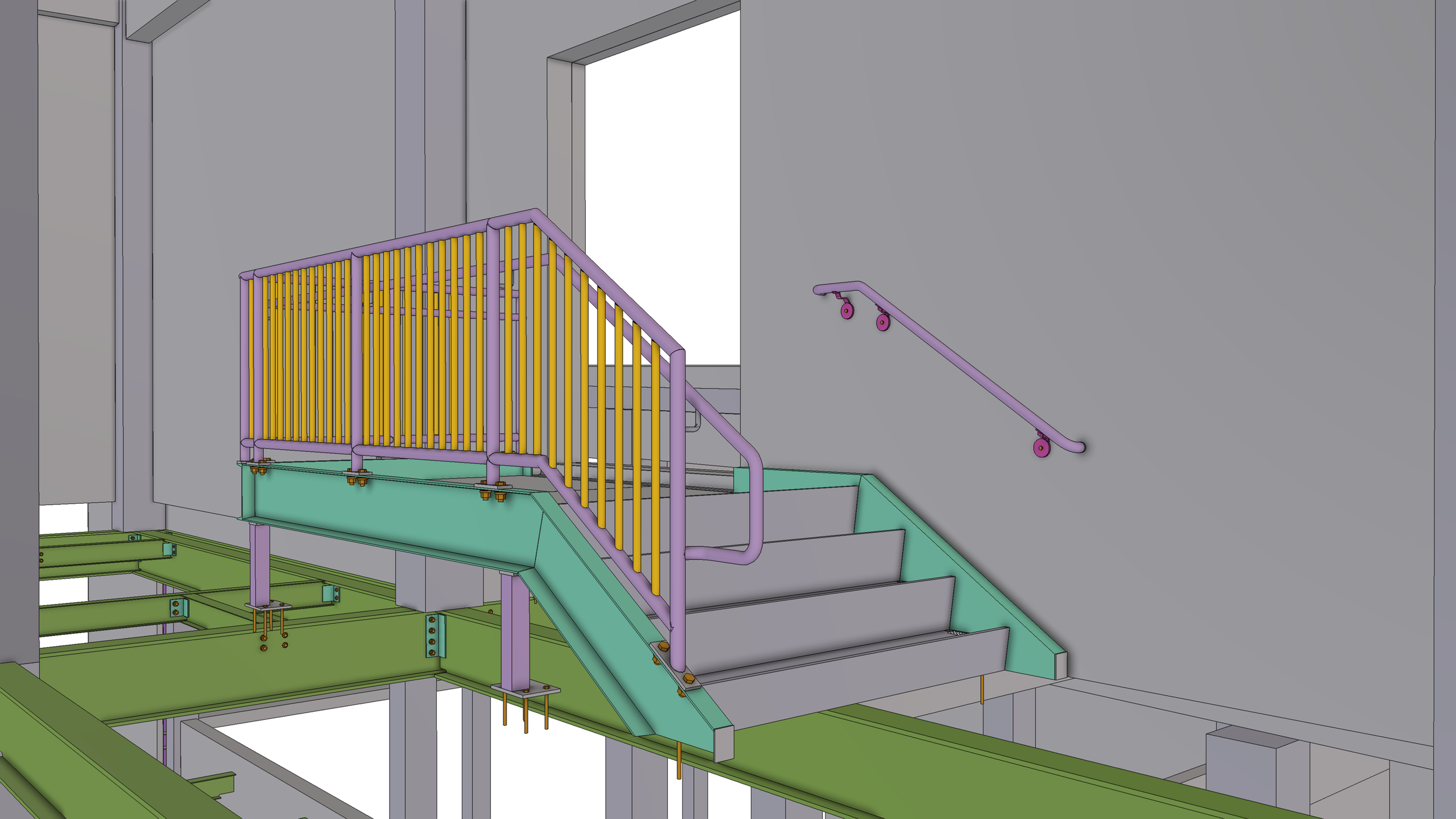 CAD rendering of a stairway with colorful handrails and safety barriers in a building under construction.
