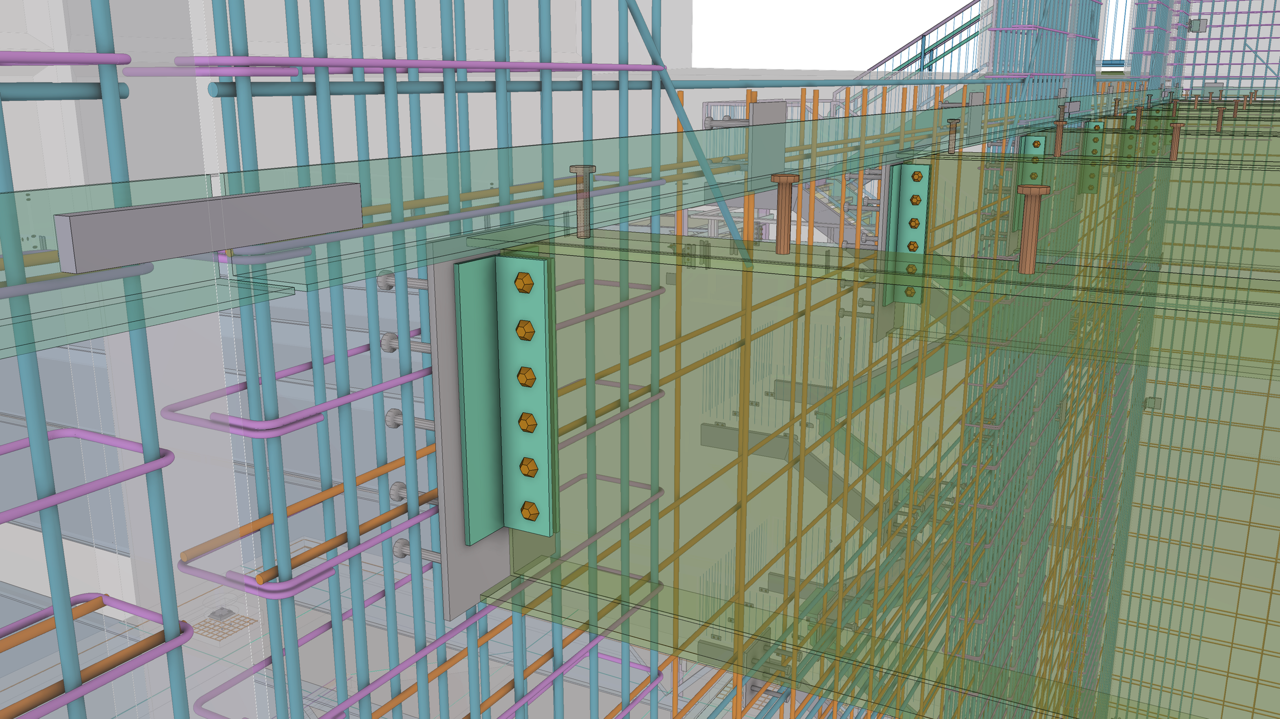 3D rendering of a building's structural framework showing numerous steel beams, columns, and floors arranged in a complex grid with different colors representing various structural components.
