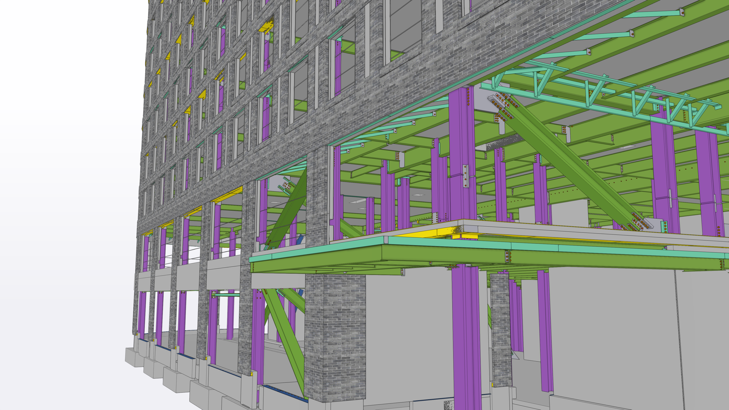 A detailed digital model of a building under construction, showing structural steel framework, concrete walls, and window openings.