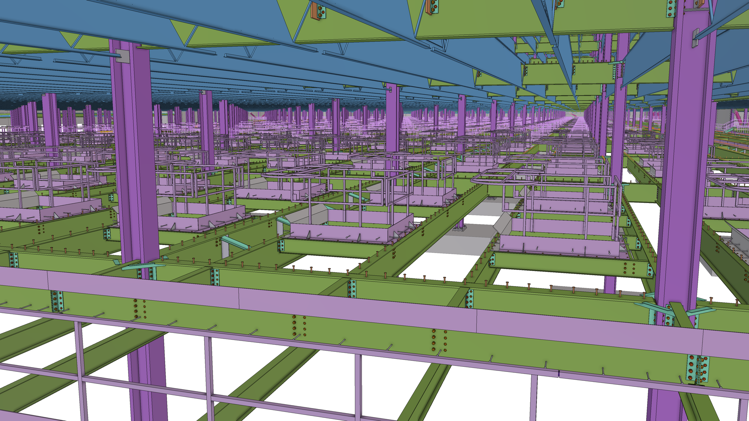A digital 3D model of a large industrial or shipping facility with green and purple structural steel framework, multiple levels, and support beams.