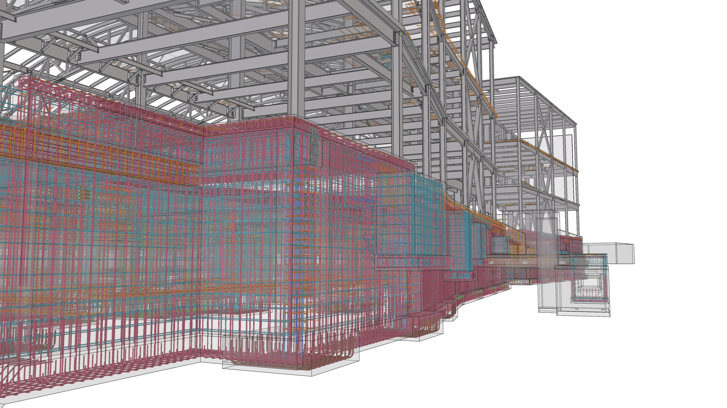 A digital architectural rendering of a modern building structure, showing steel framework and an intricate grid of multicolored structural elements.