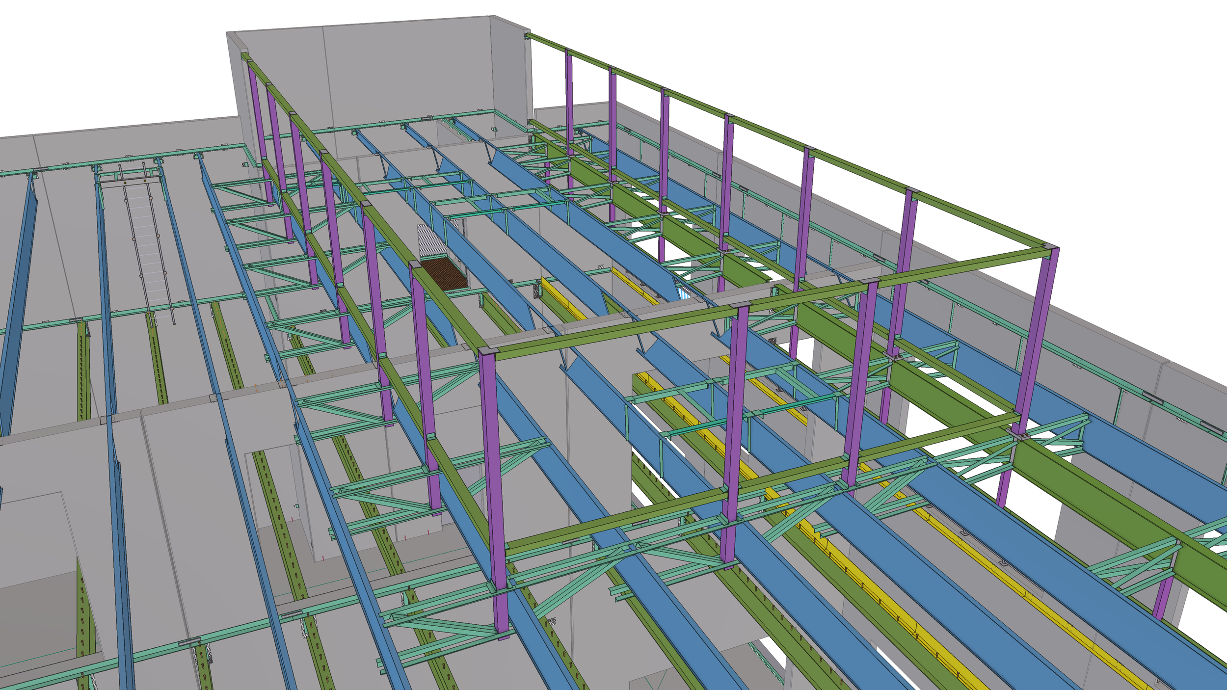 Structural framework of a building under construction, viewed from above, with steel beams in various colors including green, purple, blue, and yellow.