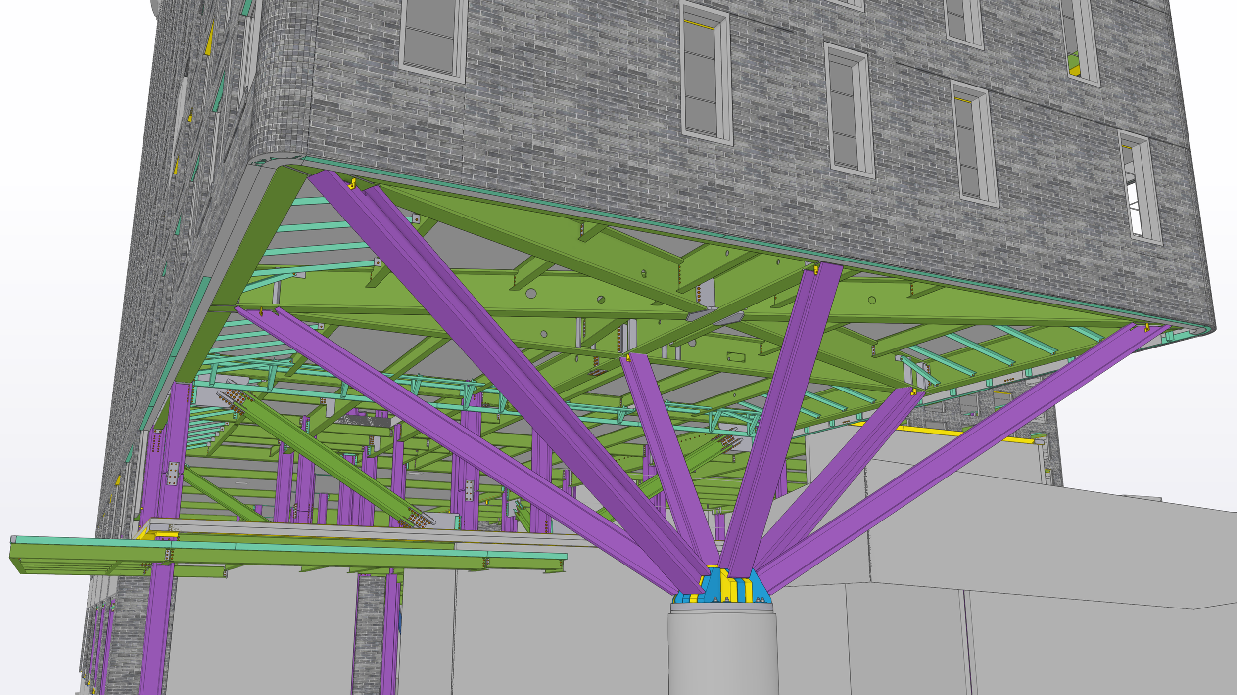 3D structural design of the underbelly of a building with a steel framework in green, purple, and blue colors, showing construction supports and braces.