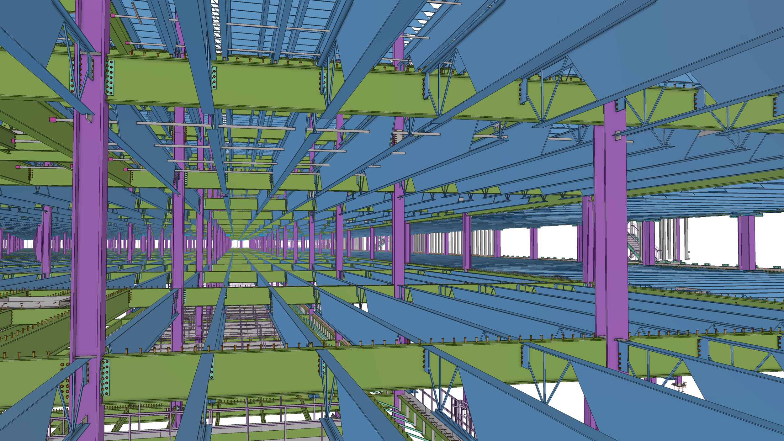 3D digital model of a multilevel industrial steel framework with purple vertical supports, green horizontal beams, and blue roofing panels, viewed from below through the structure.