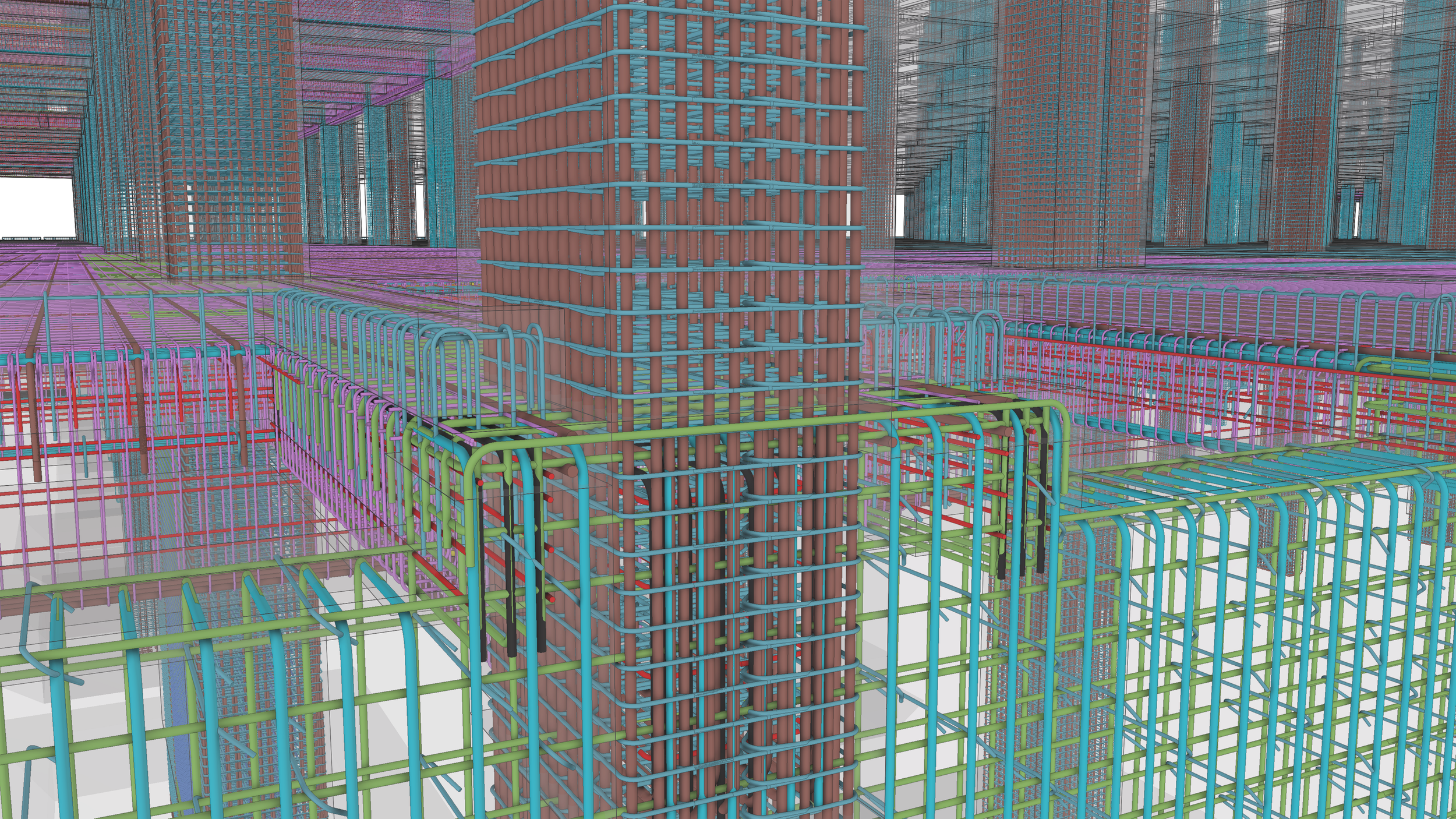 Computer-generated 3D model of a building's steel reinforcement framework for construction, showing multiple levels of intersecting colored rebar.