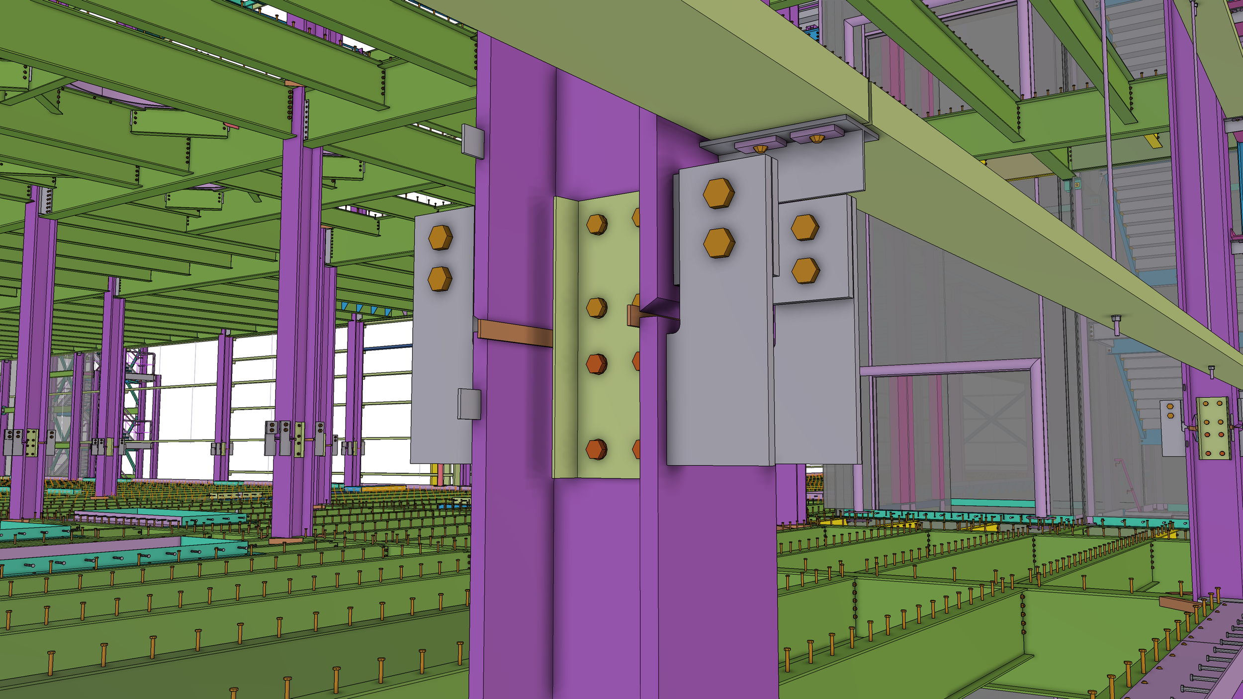 A digital architectural model showing a multi-level building structure with green floors, purple support columns, and various mechanical components.