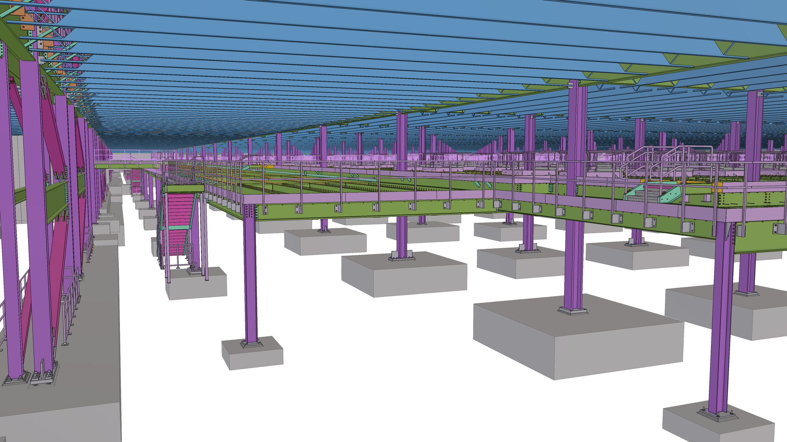 A digital rendering of a large construction site showing multiple levels of green floors supported by purple steel beams and columns. The steel columns are anchored to concrete bases, while the floors are connected by purple staircases. The roof stru