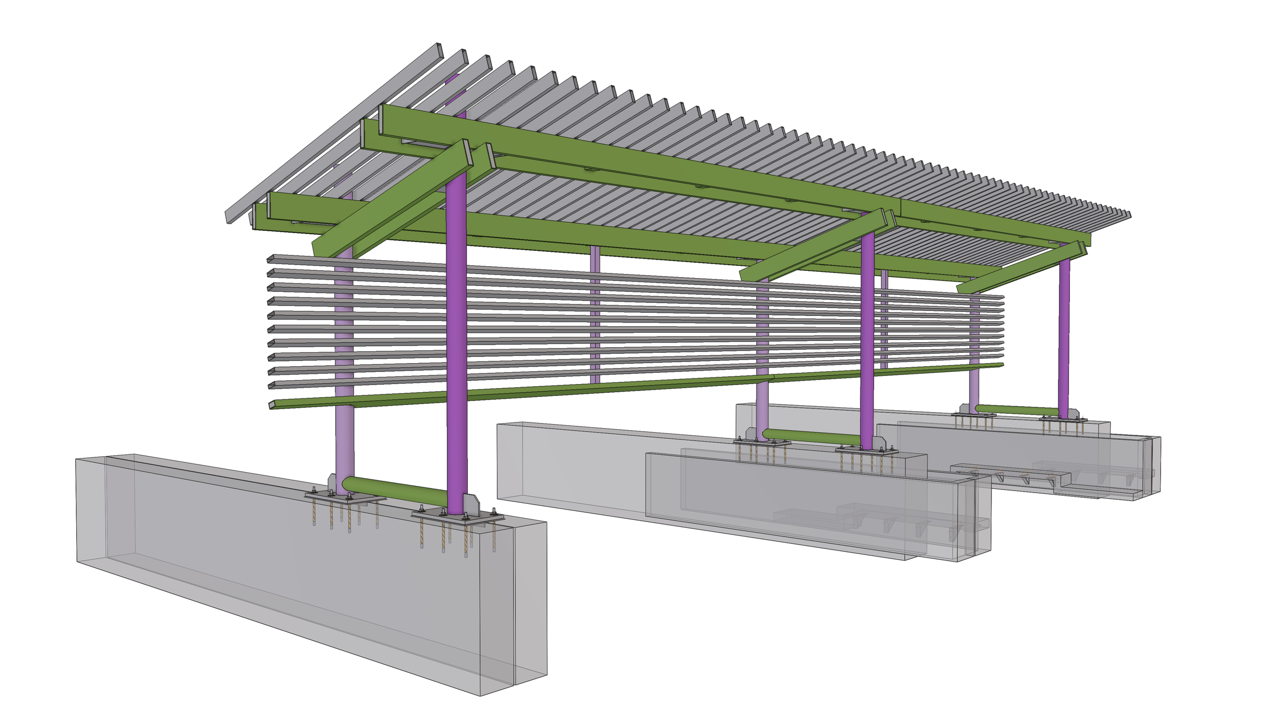 Architectural 3D model of a building structure with green beams, purple columns, and a grey roof, showing foundation and framing details.