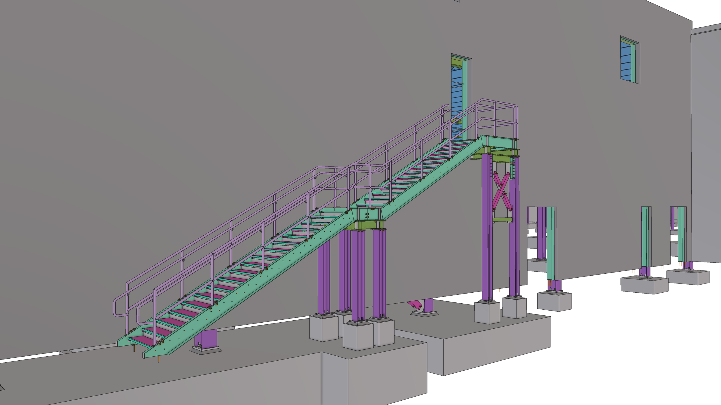 A digital architectural model of an external staircase and support structure on the side of a building, with purple, green, blue, and pink elements, including railings, stairs, and support beams.