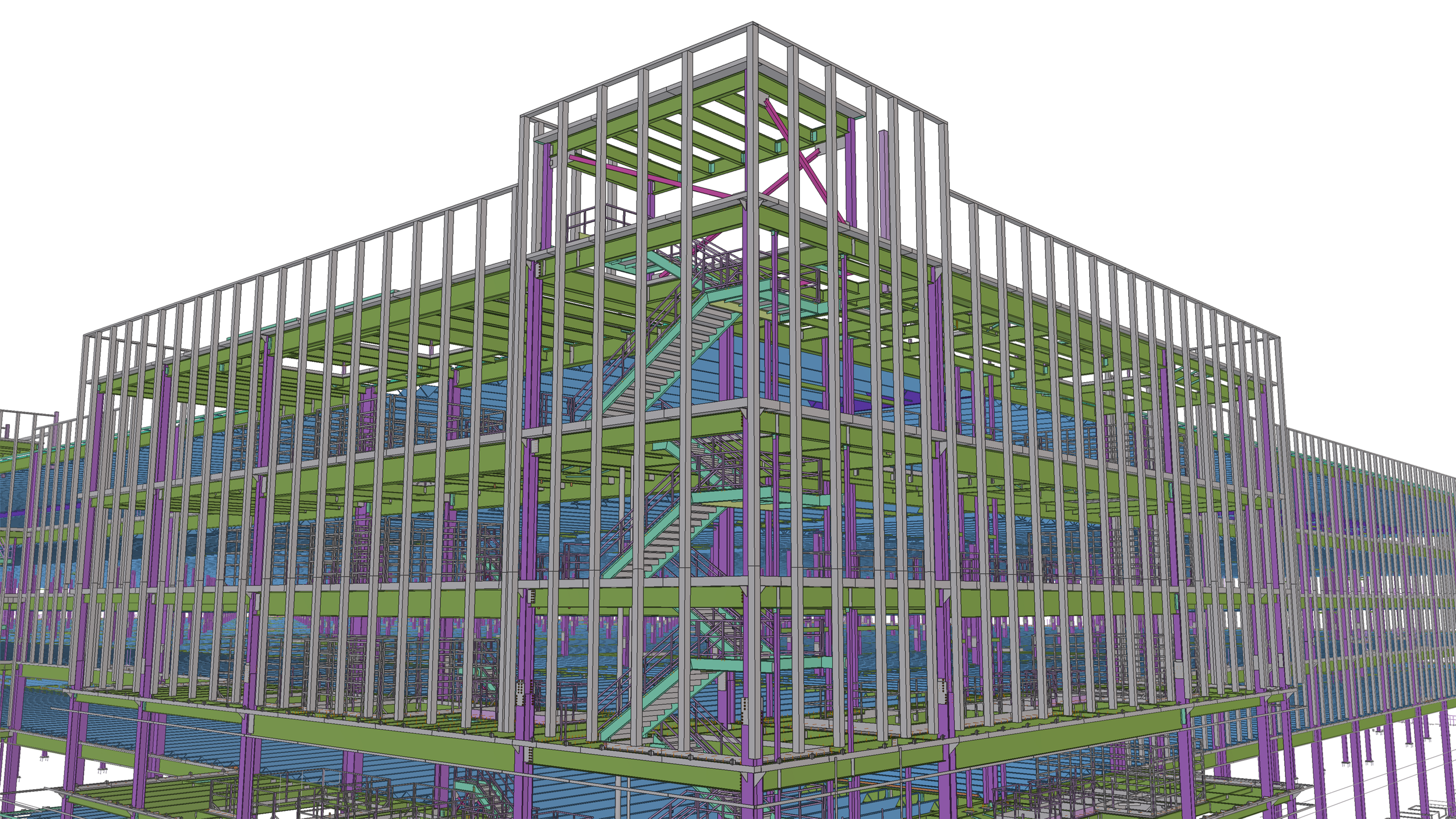 3D CAD model of a multi-floor building framework with steel beams and columns, including staircases.