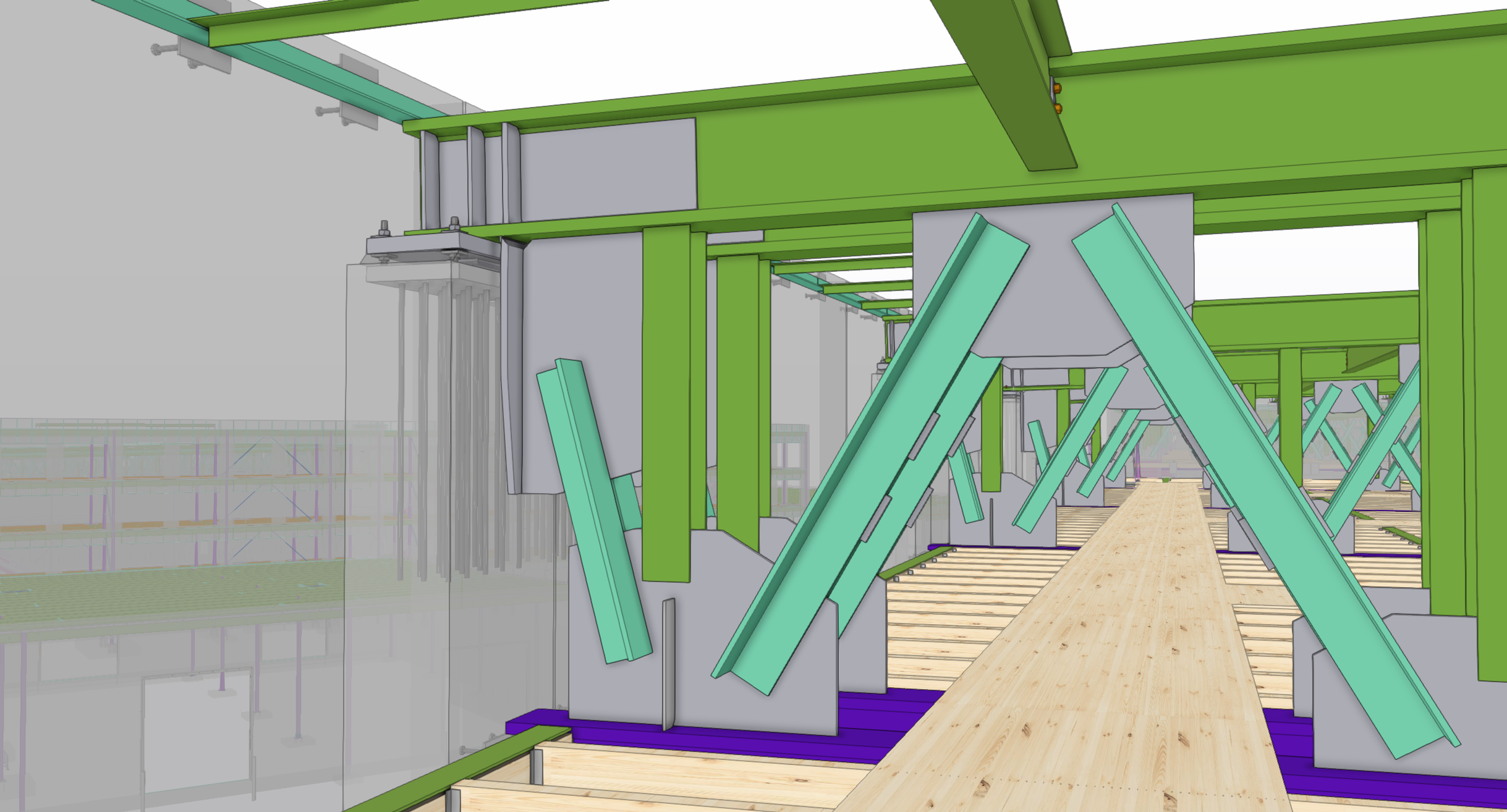 A digital rendering of a building's structural framework showing green steel beams, supports, and a wooden floor pathway.