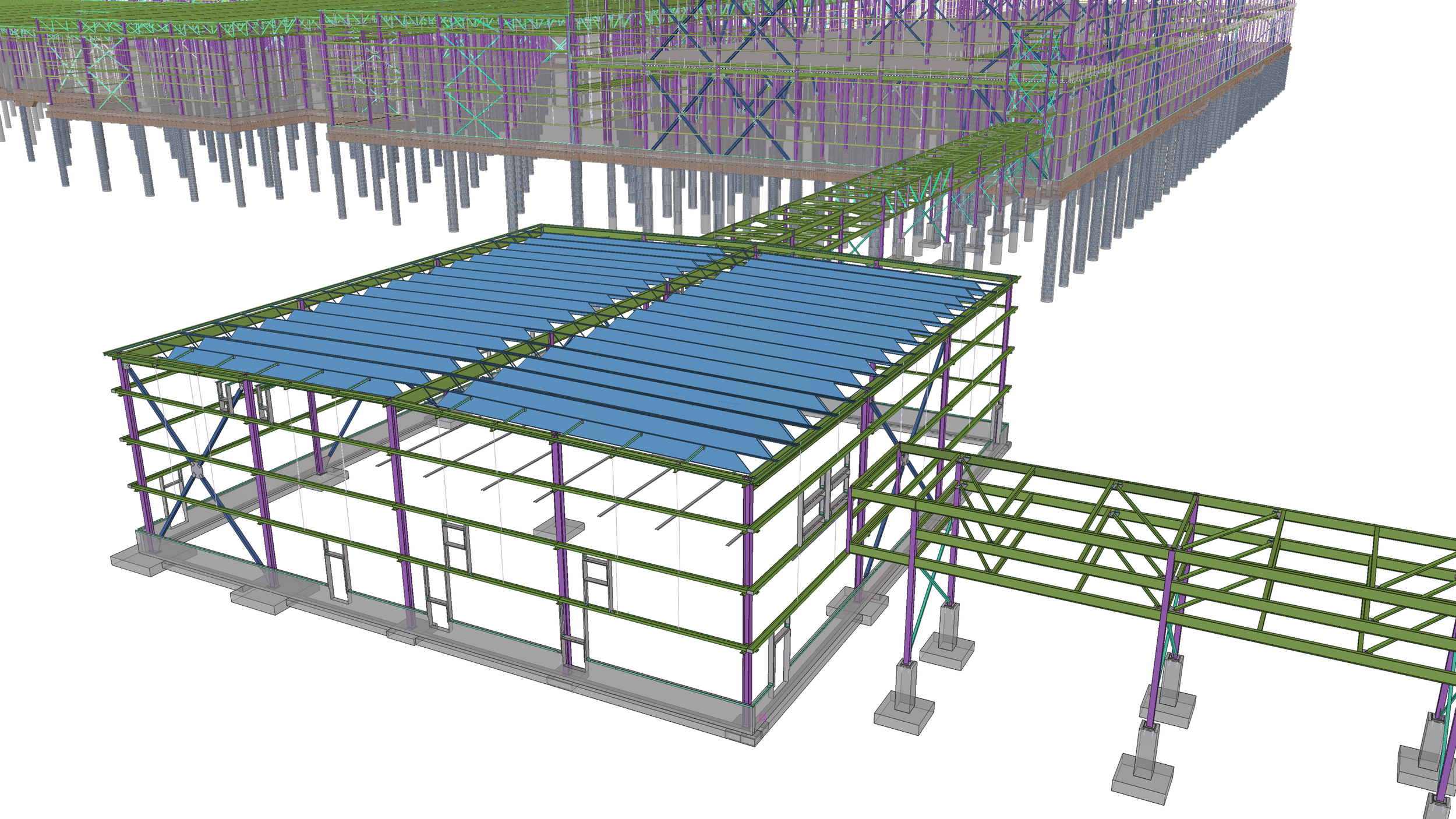 A digital construction model showing steel framework and support piles for a building foundation, with various colored structural elements and a separate floor section.