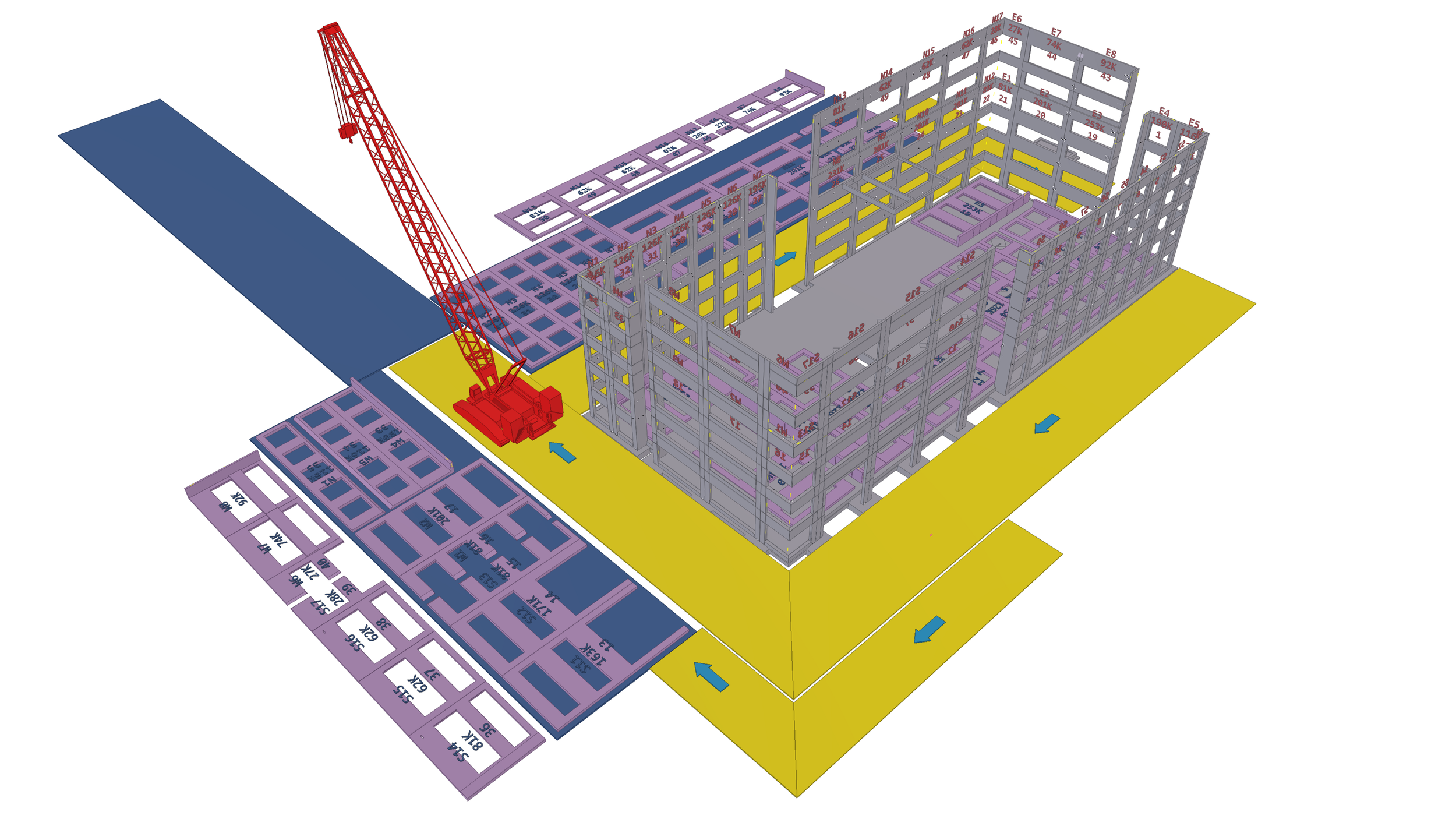 3D construction site model showing steel framework, a red crane, and labeled building sections in purple and yellow.