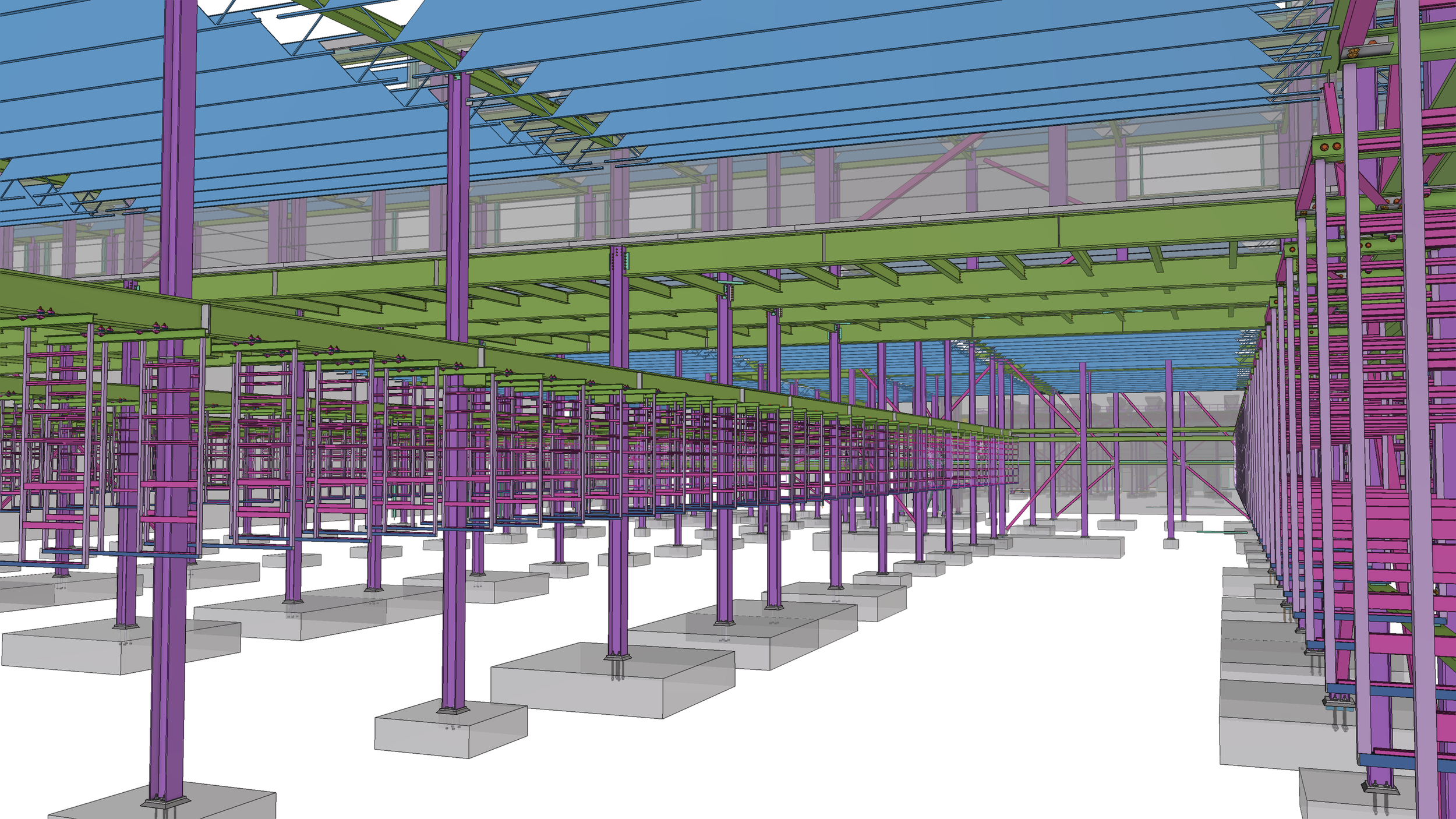 Digital illustration of a construction site showing steel framework structure with purple support columns, green horizontal beams, and blue roofing supports, all mounted on concrete foundation blocks.