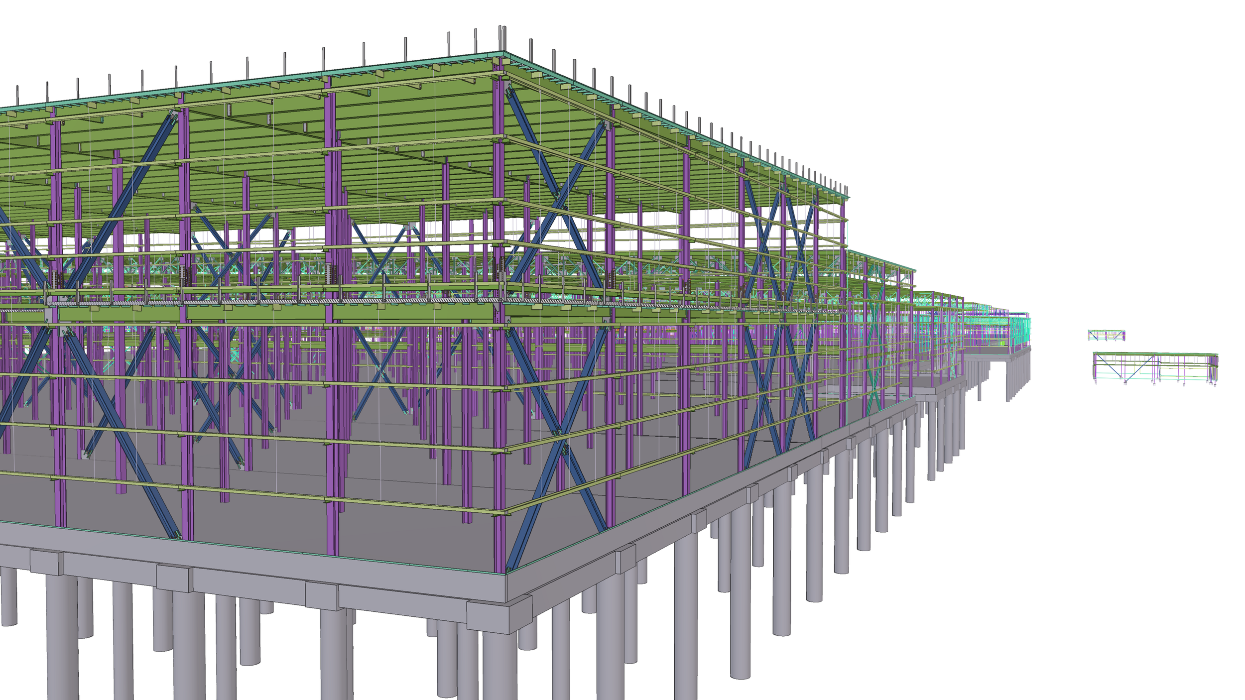 3D model of building framework with multicolored steel structural components, including purple, blue, green beams, on a construction site with concrete foundation and support pillars.