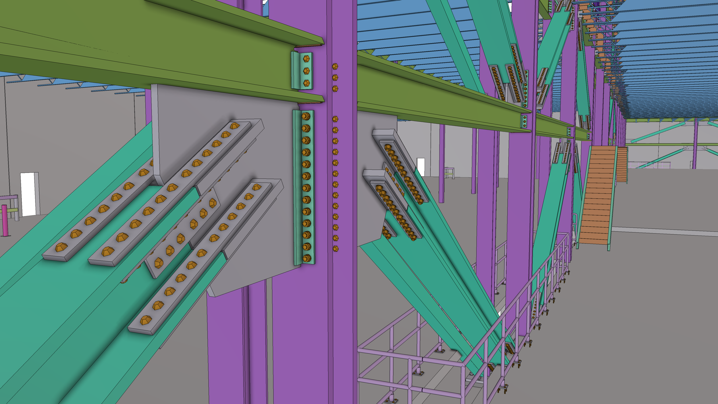 A digital 3D model of a large construction scaffolding and structural framework made of purple, green, blue, gray, and brown components, including beams, bolts, and stairs.