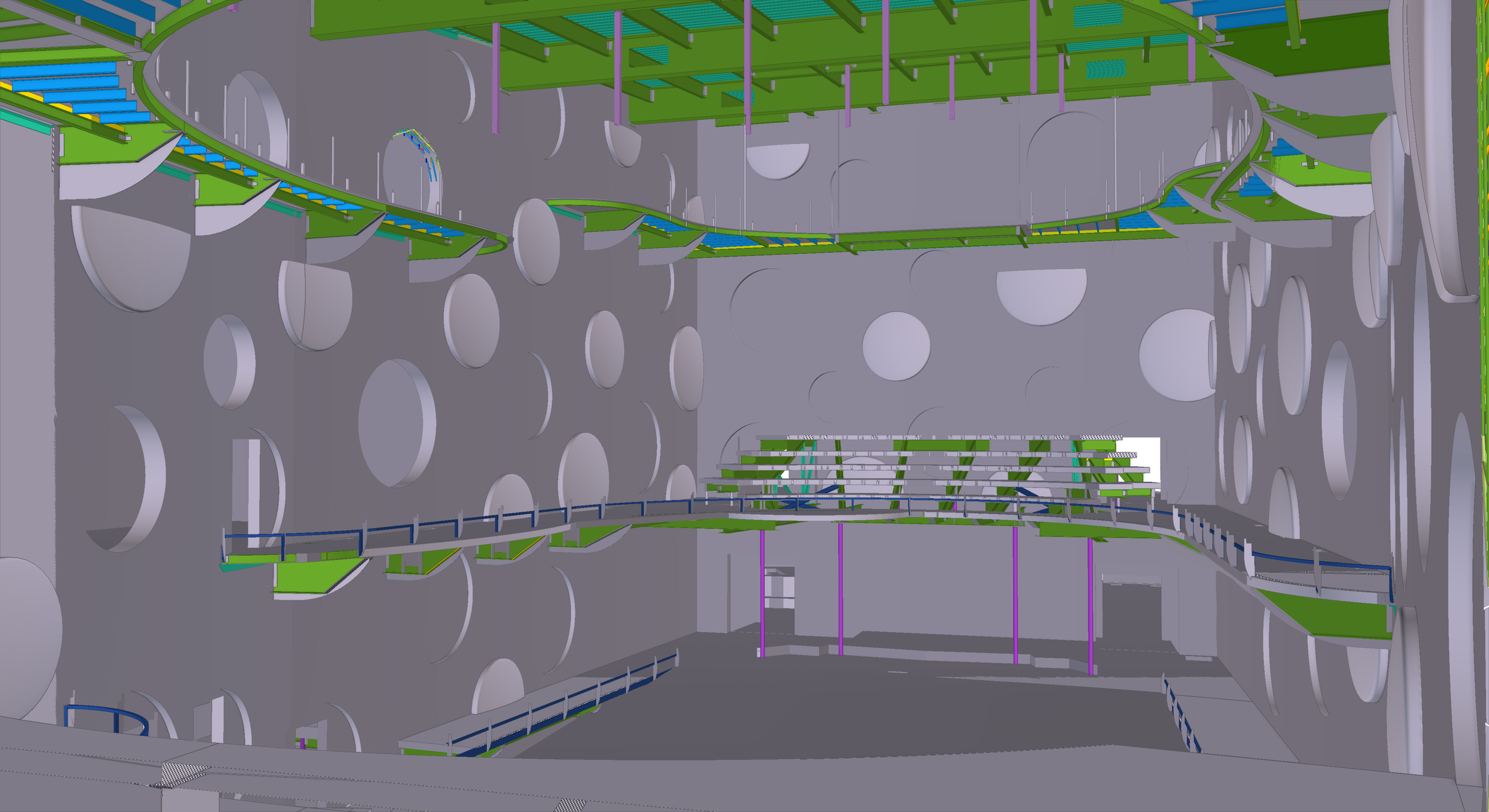 3D digital rendering of an interior space with multiple levels, walkways with railings, and large circular openings in the walls. The structure is mostly gray with green and purple elements.