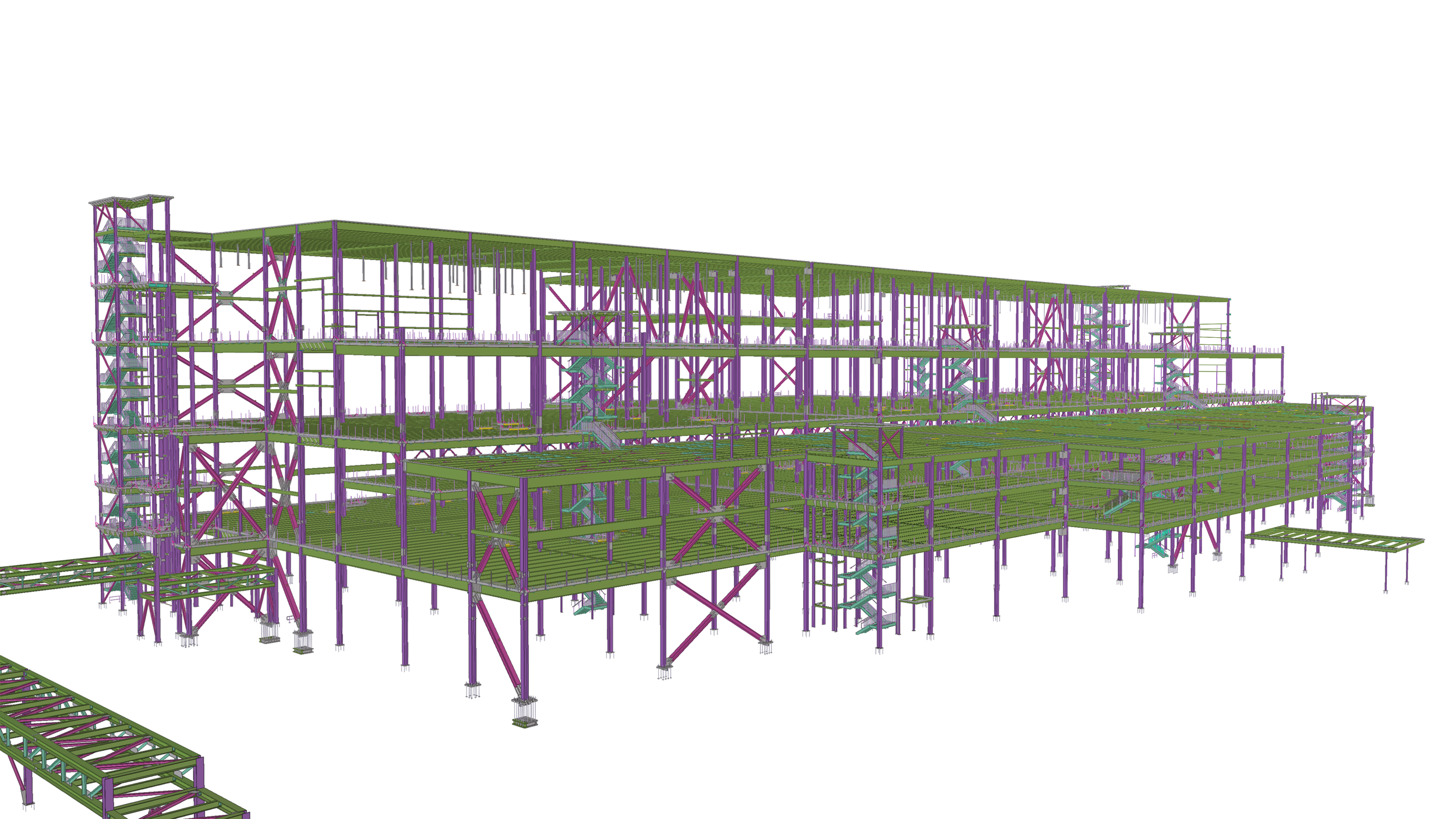 Detailed 3D digital model of a multilevel building framework with purple, green, and blue structural elements, including staircases, floors, and support beams.