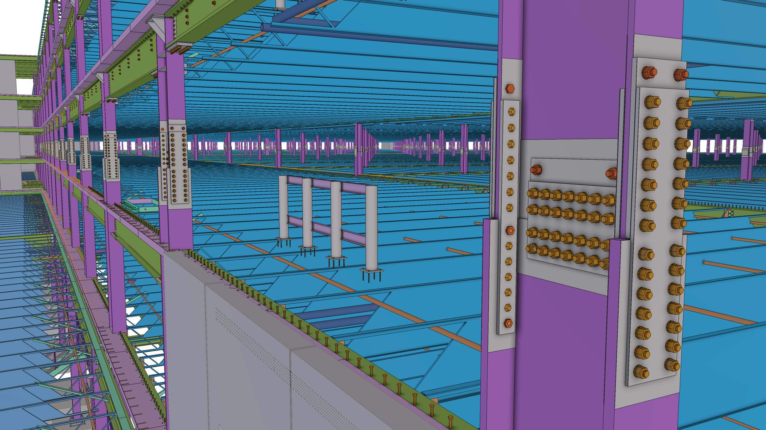 3D model of a building structure under construction with purple, green, and blue beams, multiple bolts, and support columns.