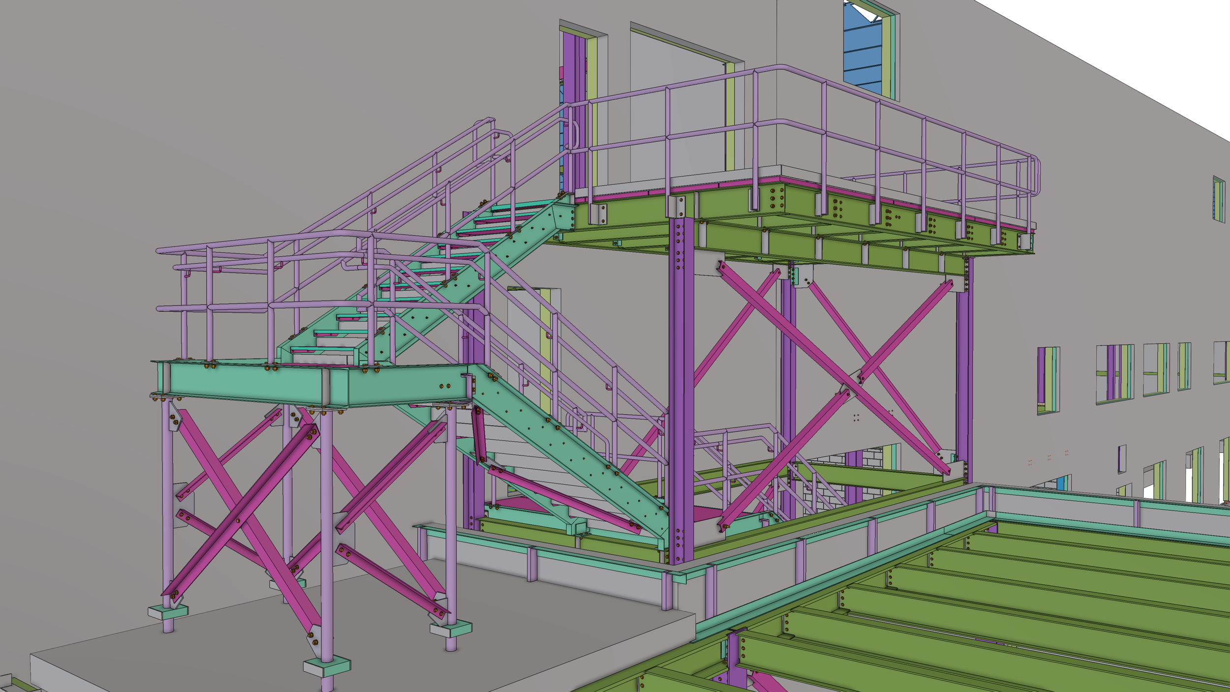 A 3D model of a construction framework with steel beams and stairs, showing different colors for various structural elements, and multiple wall and window openings.