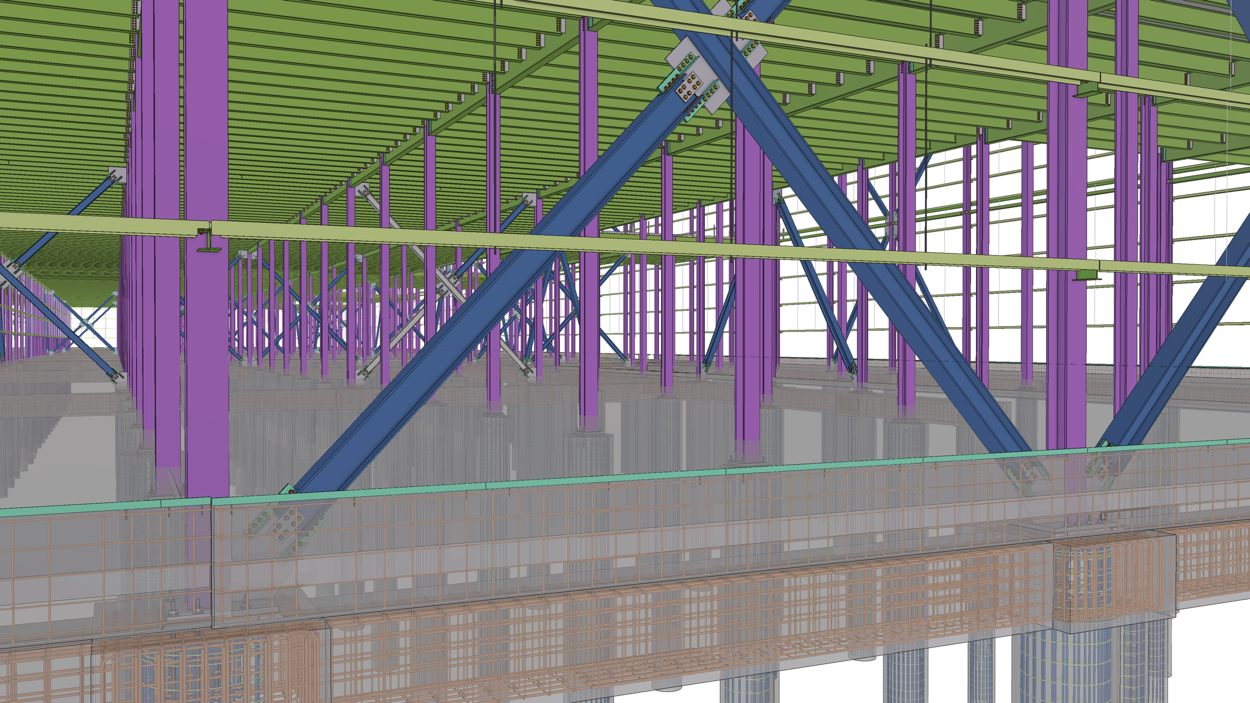A digital architectural model of a building under construction, showing steel framework with purple, blue, and green beams, and detailed structural supports.