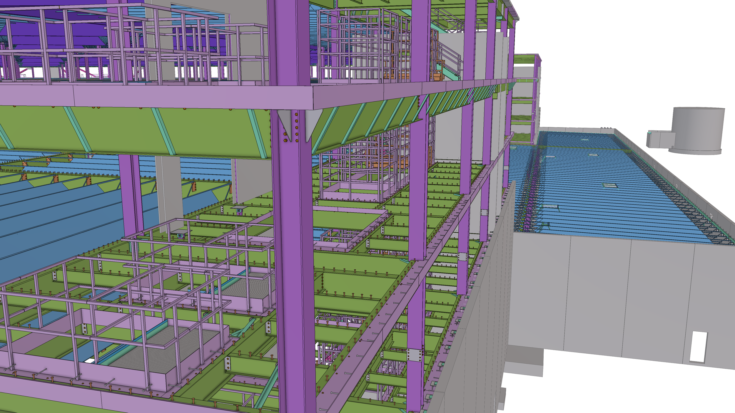 A digital 3D model of a building structure with steel framework, colored mainly in purple, green, and blue, including scaffolding, stairs, and platforms, with a swimming pool on the right side.
