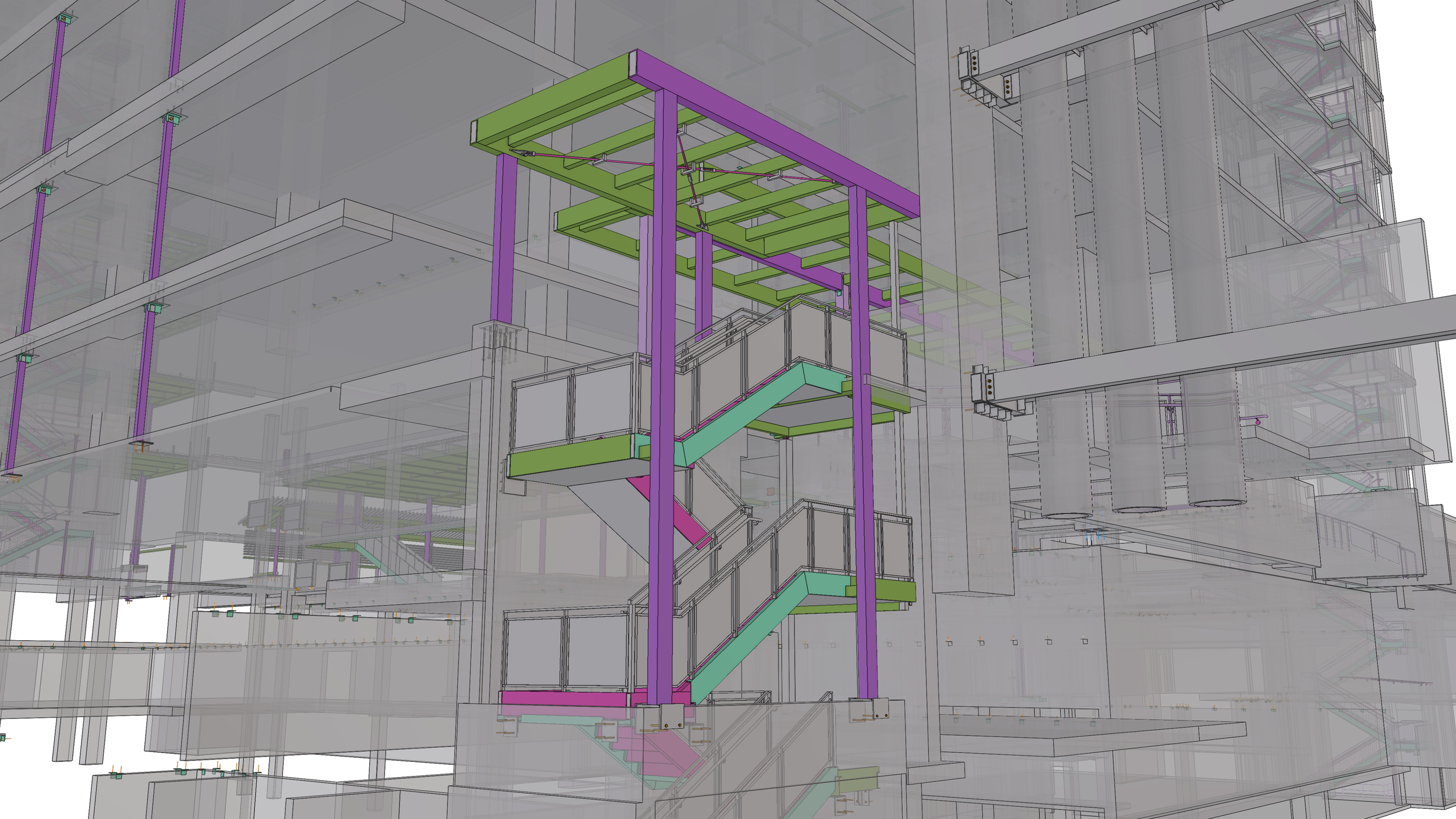 CAD drawing of a multi-story building's interior with a highlighted green and purple staircase.