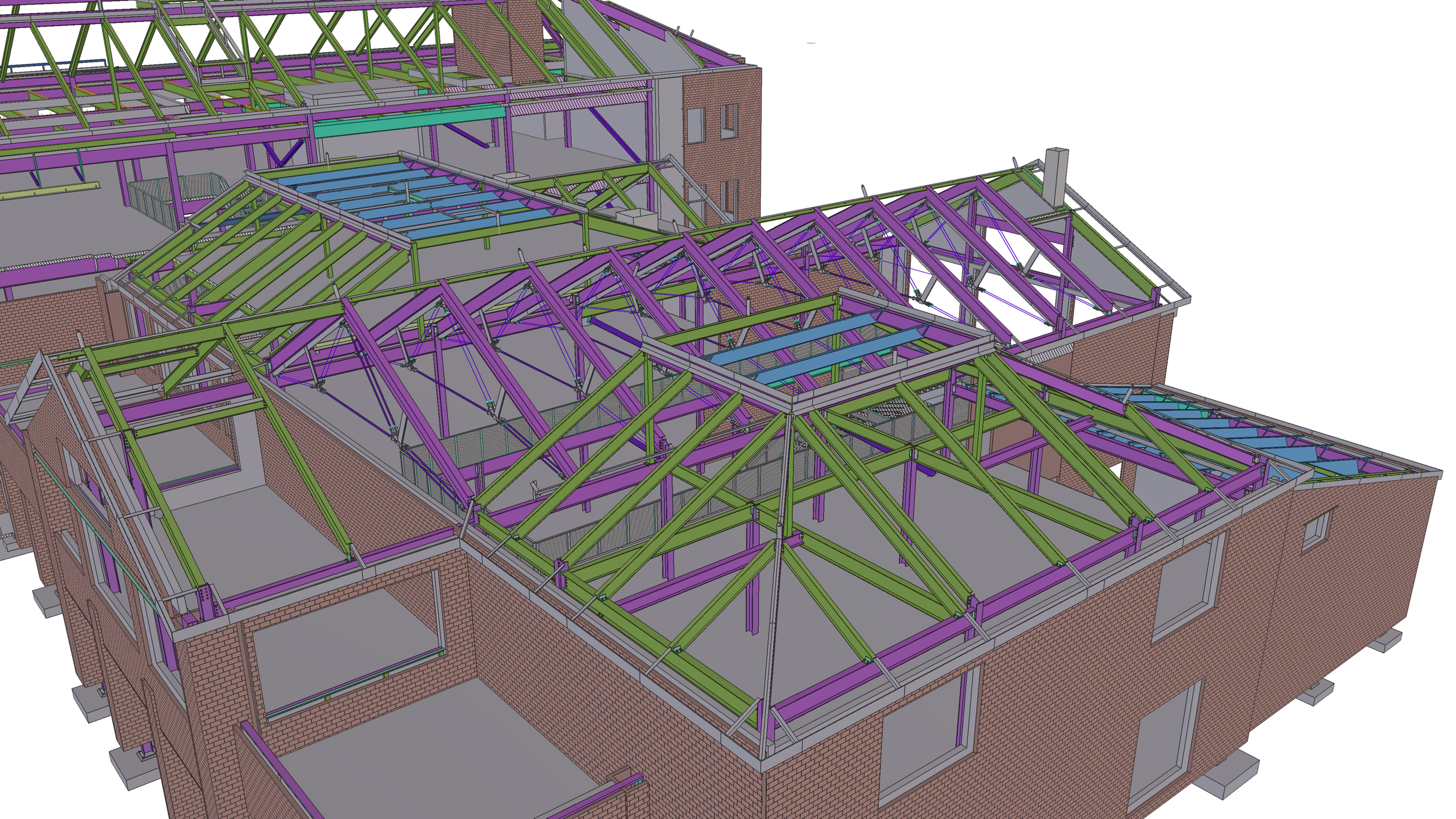3D model of a building's roof structure showing green and purple framing beams, brick walls, and some parts of the roof construction.