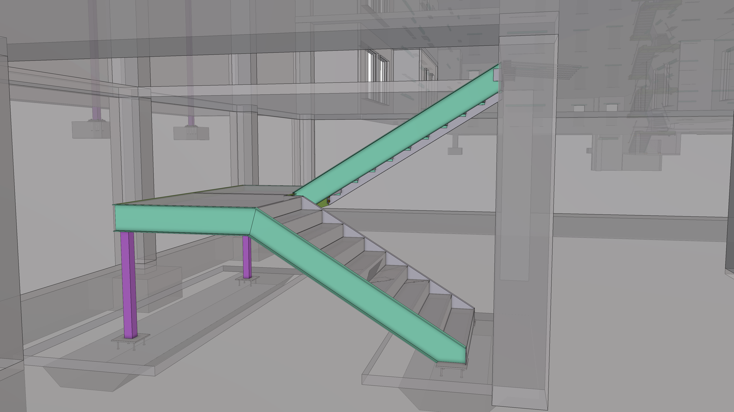 Three-dimensional digital rendering of an indoor staircase with a teal-colored handrail, purple support columns, and stairs, in a multi-story building under construction or design.