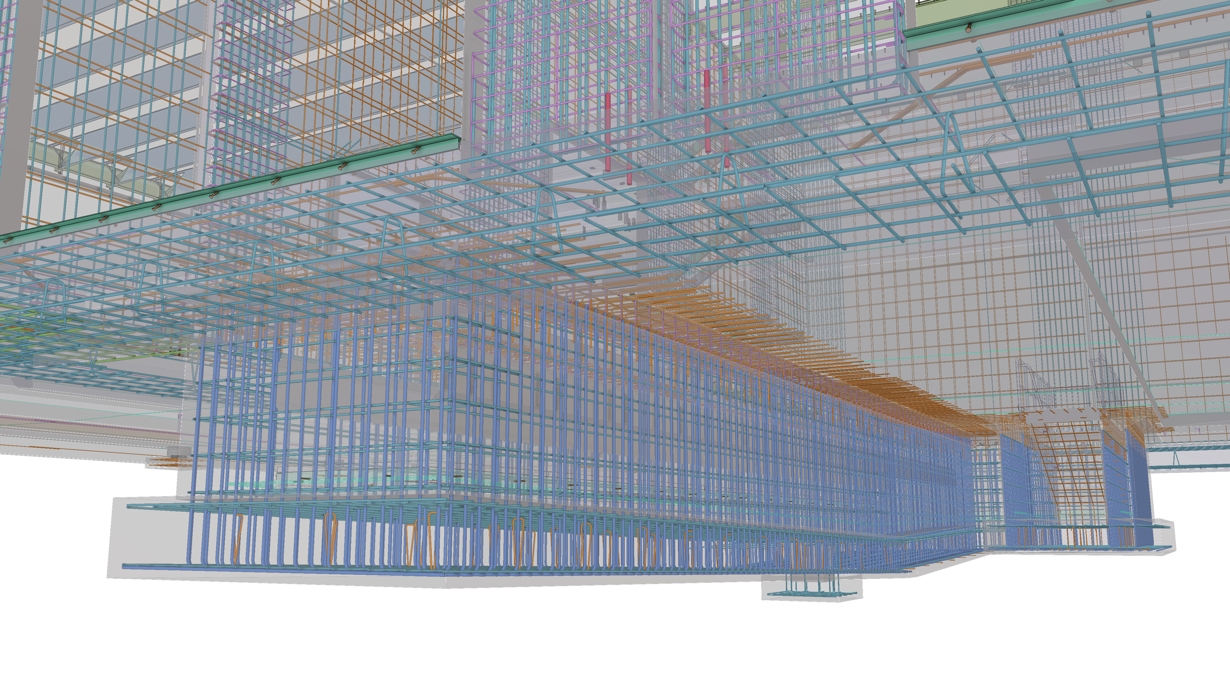 Digital rendering of a detailed building framework, showing interconnected steel beams and structural supports in various colors.