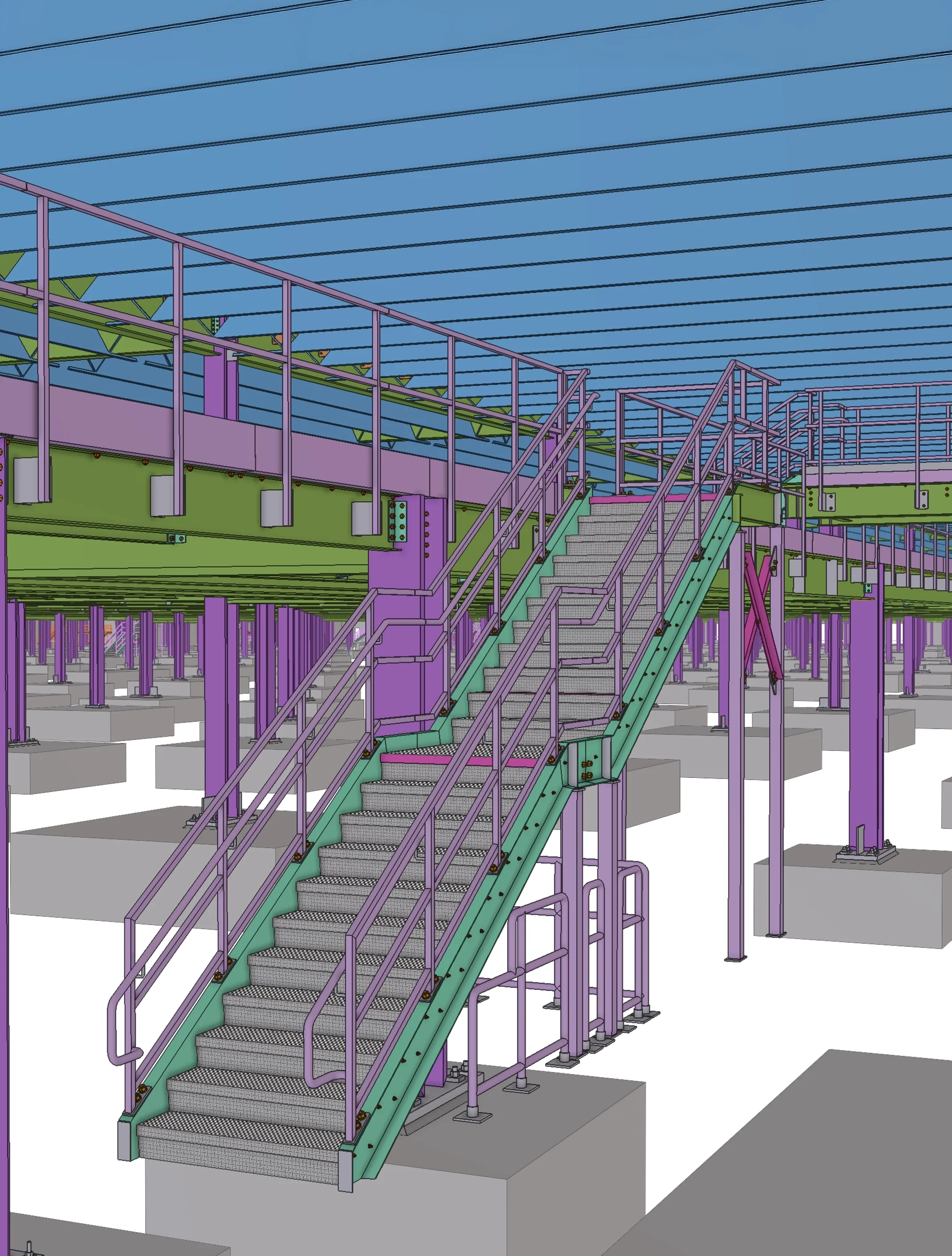 A digital or CAD rendering of a steel staircase with handrails leading up to an elevated platform, supported by purple structural beams and columns. The background includes a blue sky with horizontal black lines indicating the sky or clouds. The staircase has textured steps, and the structure is secured to concrete foundations.