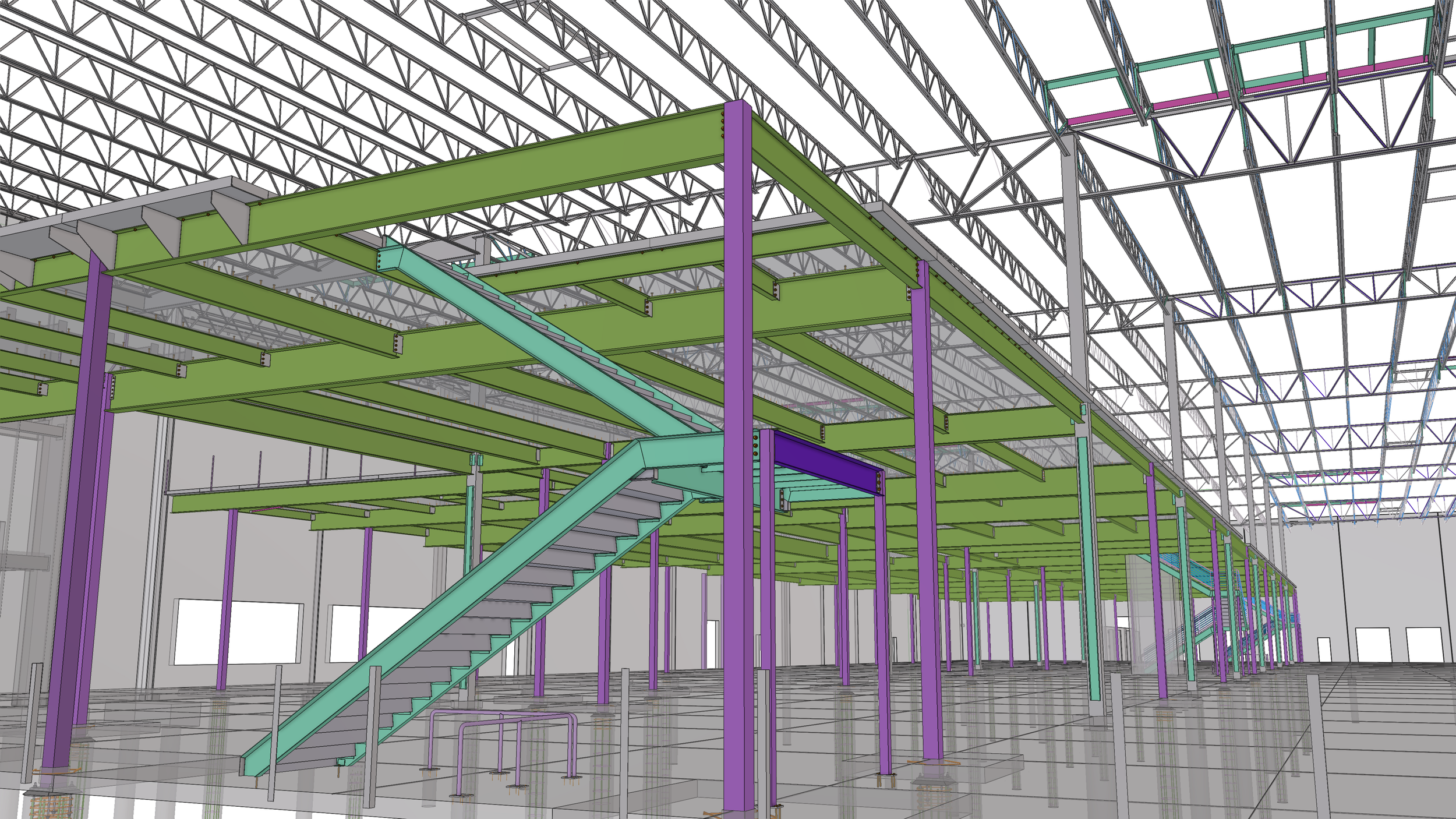 Rendering of a building under construction showing steel framework, green and purple beams, and a staircase inside a large industrial space.