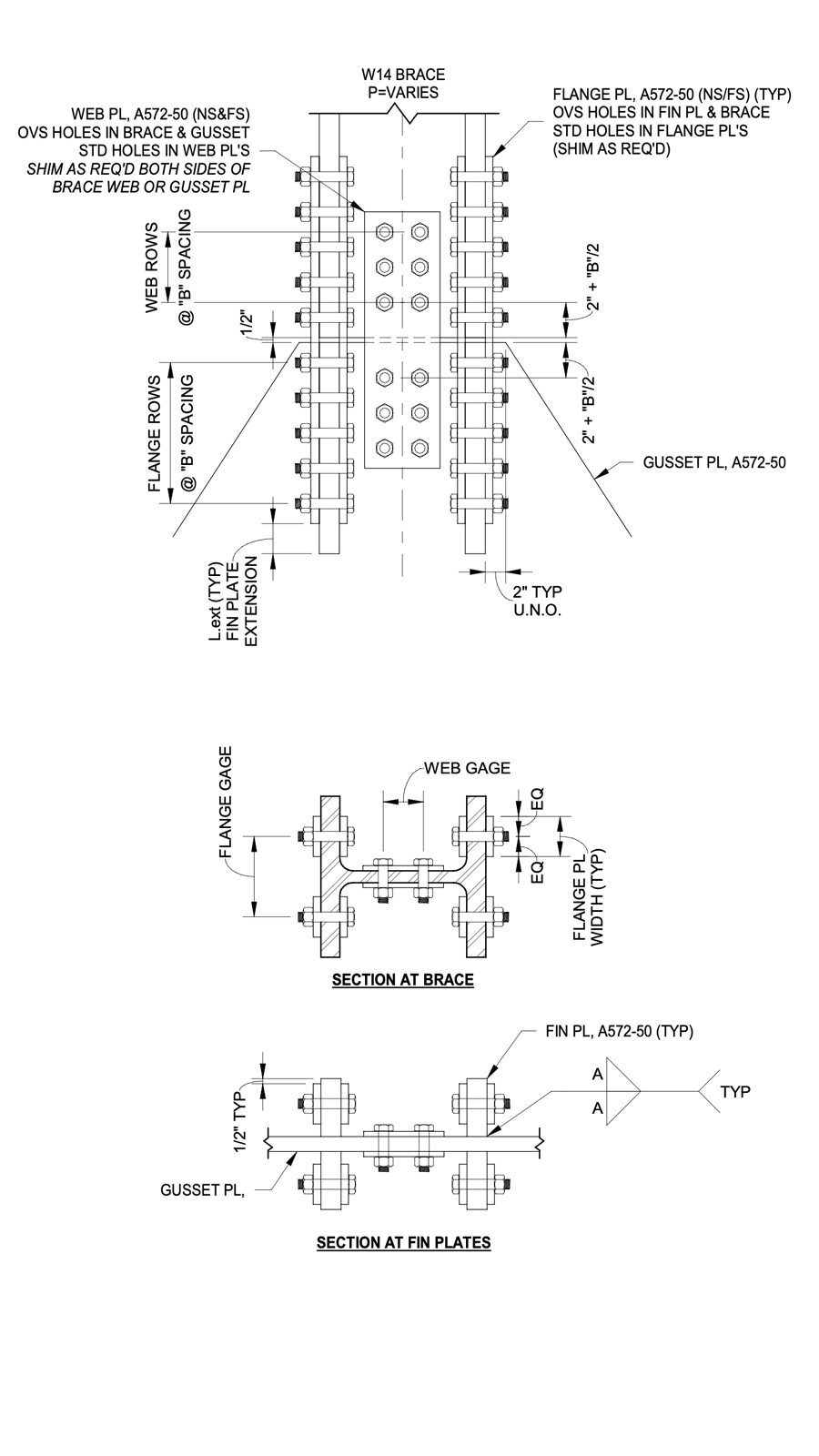 Technical engineering drawing of a piping or plumbing fixture, including sections at the brace and fin plates, with detailed labels for dimensions, bolt holes, and components like web gage and gusset plates.
