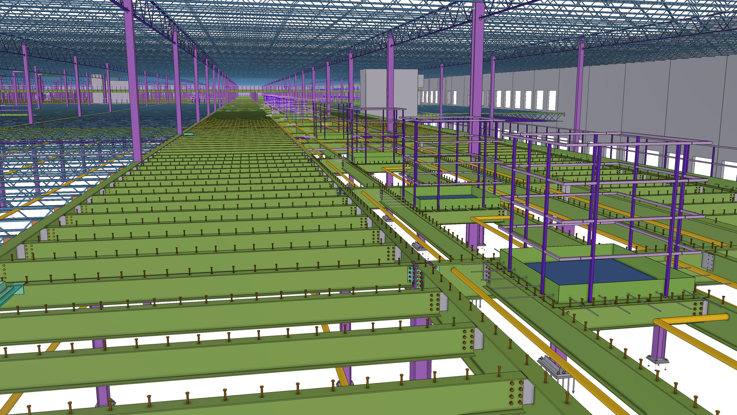 A digital 3D rendering of a large industrial warehouse or factory with a metal framework, green conveyor belt systems, and purple support beams.