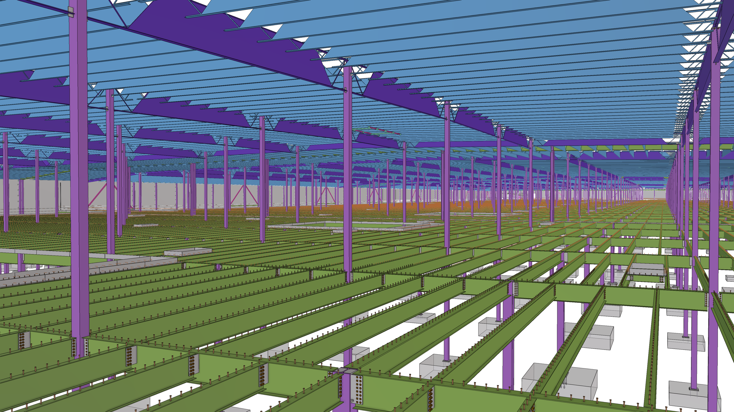 3D rendering of an industrial building under construction, showing purple steel support beams and green horizontal beams for future floors.